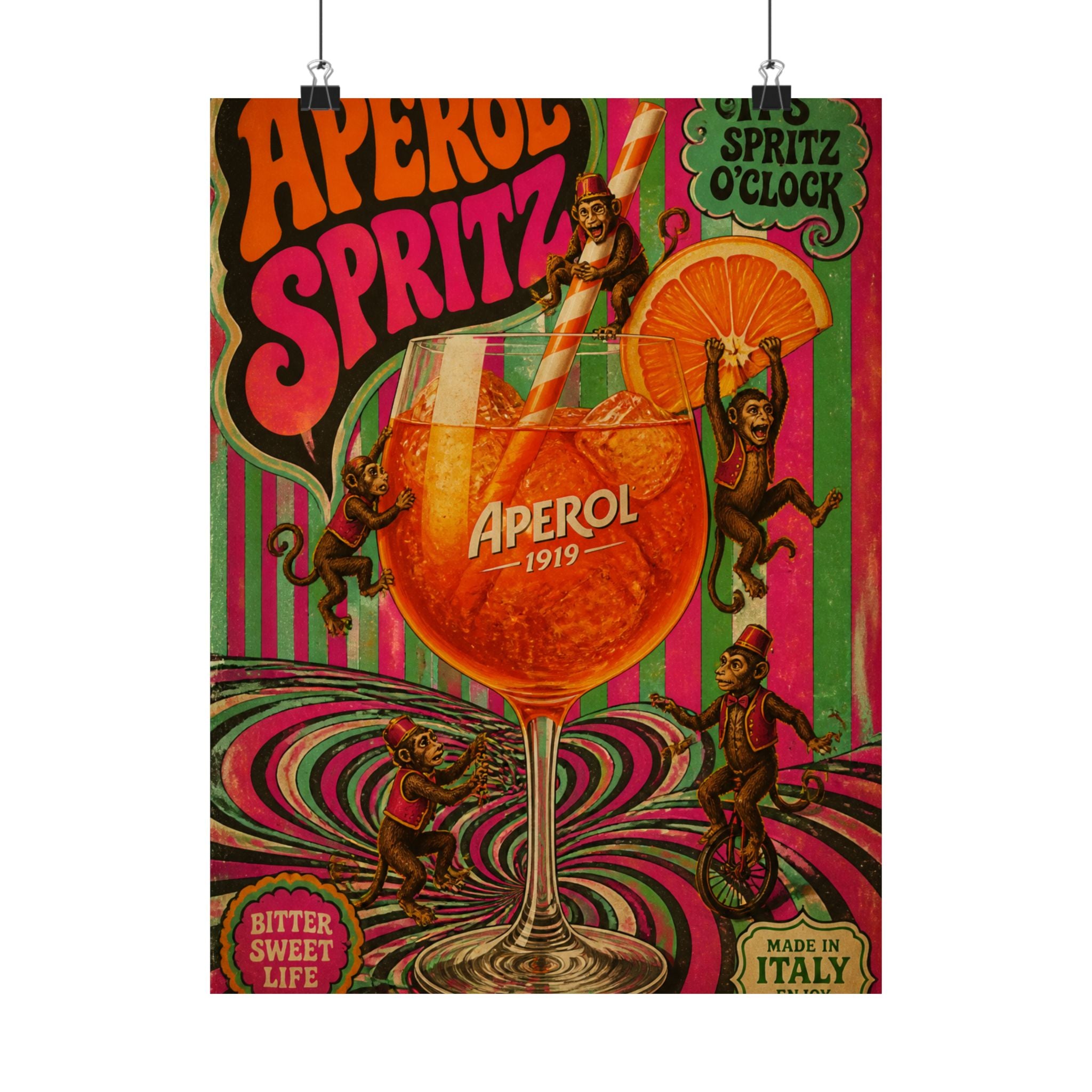 Aperol Spritz Monkeys Wall Art Poster 24×36 Psychedelic Dining Room Decor Maximalist Print