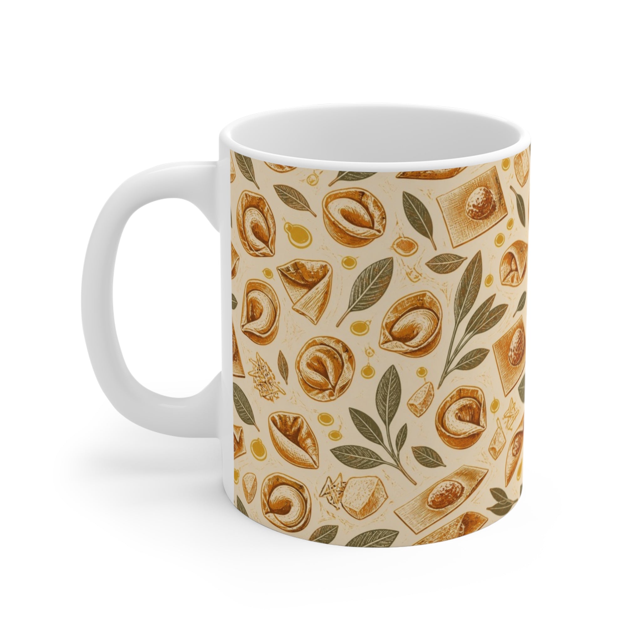 Tortellini with Sage 11oz Ceramic Mug Mediterranean Kitchen Linocut Design Italian Cottagecore Gift