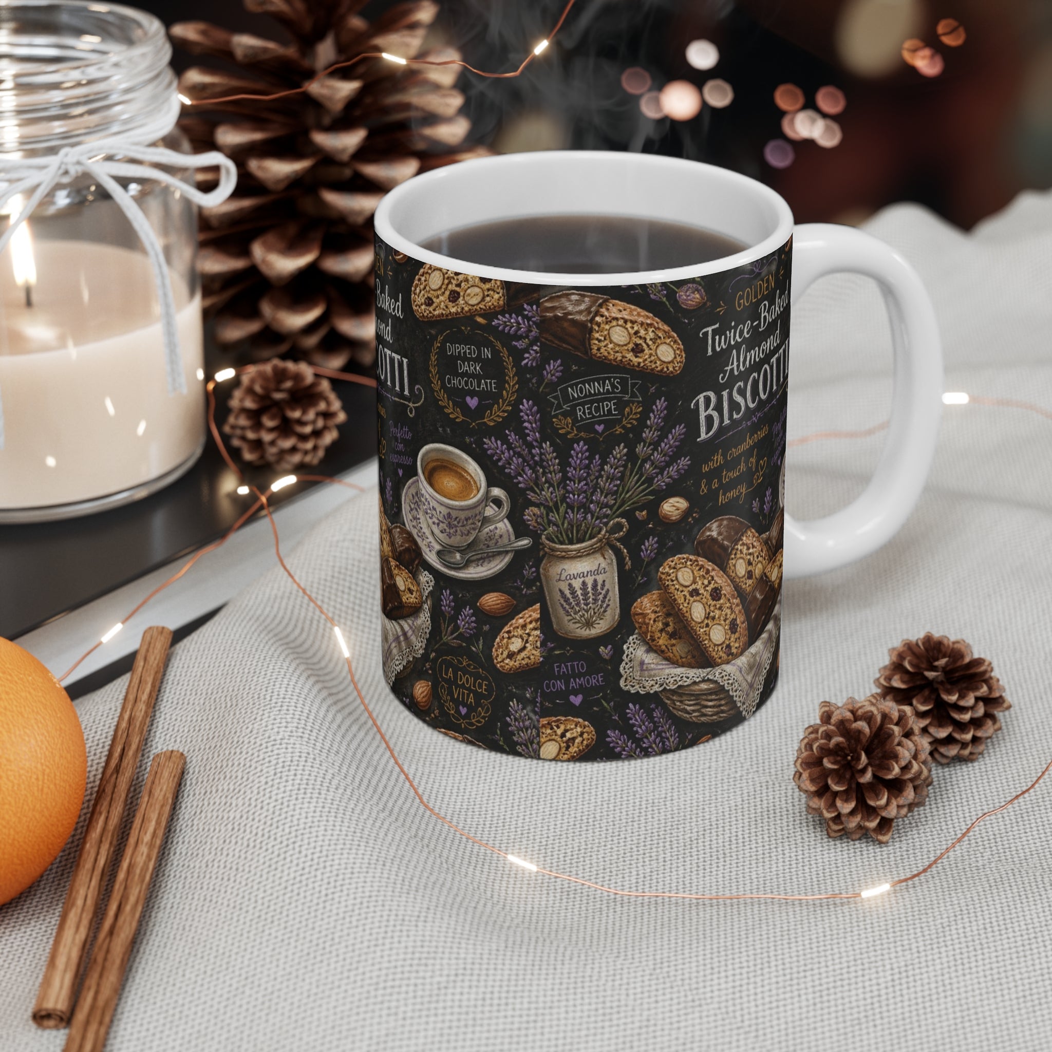 Almond Biscotti 11oz Ceramic Mug Mediterranean Kitchen Chalk Art Design Italian Cottagecore Gift