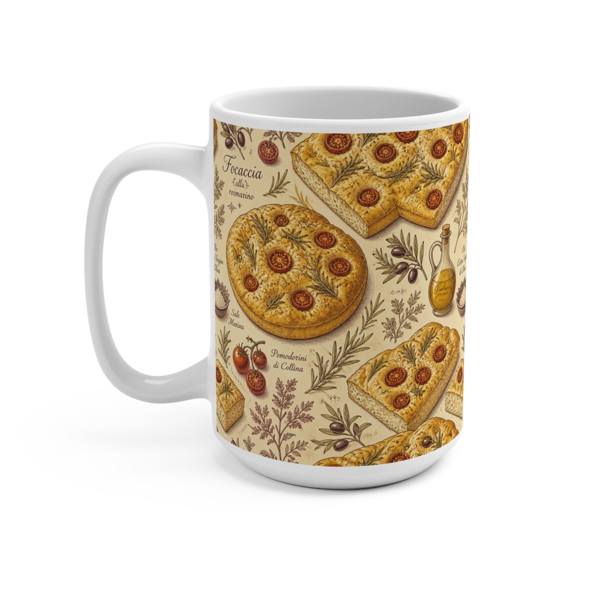 Focaccia Bread 15oz Ceramic Mug Mediterranean Kitchen Botanical Design Italian Cottagecore Gift