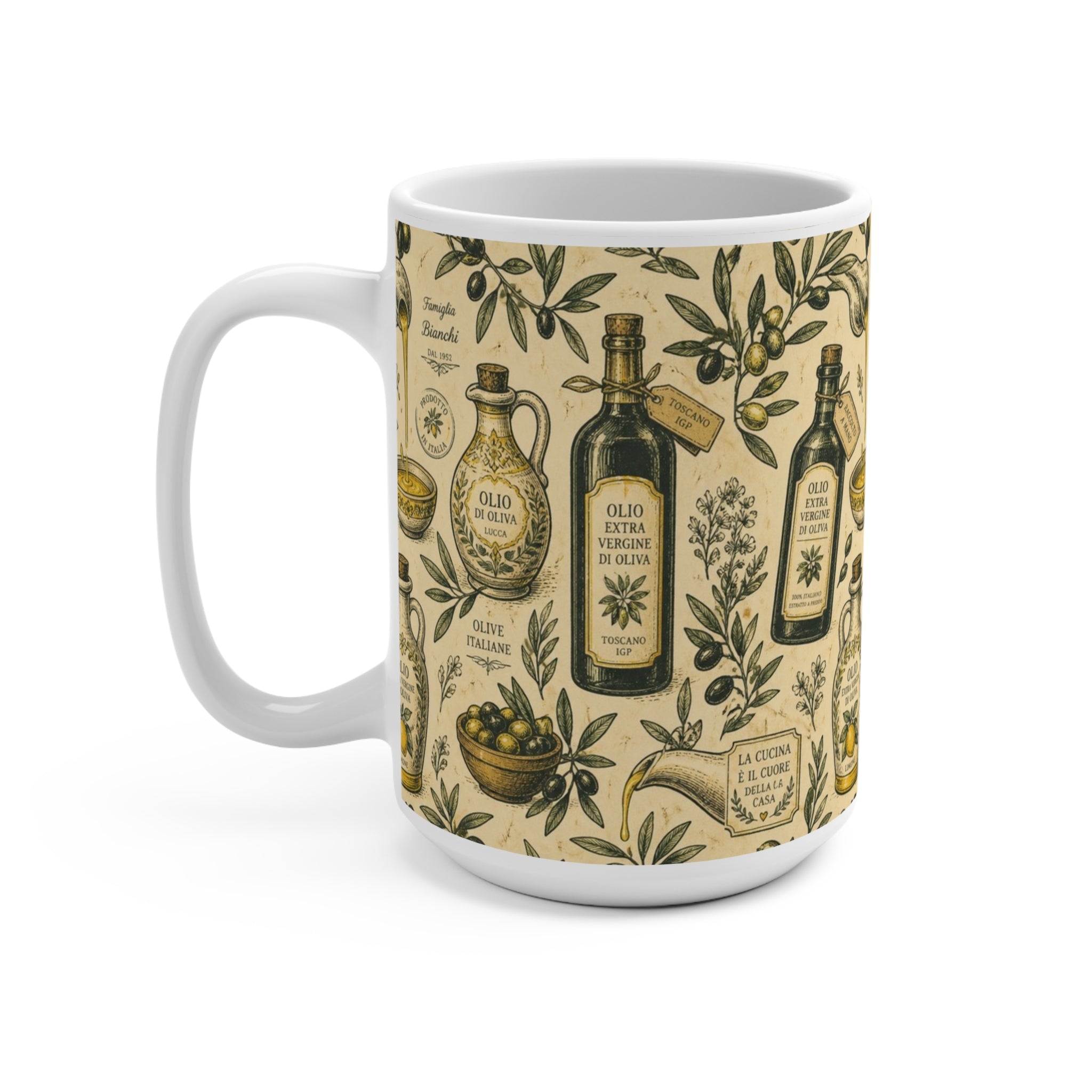 Olive Oil Bottles 15oz Ceramic Mug Mediterranean Kitchen Botanical Design Italian Cottagecore Gift