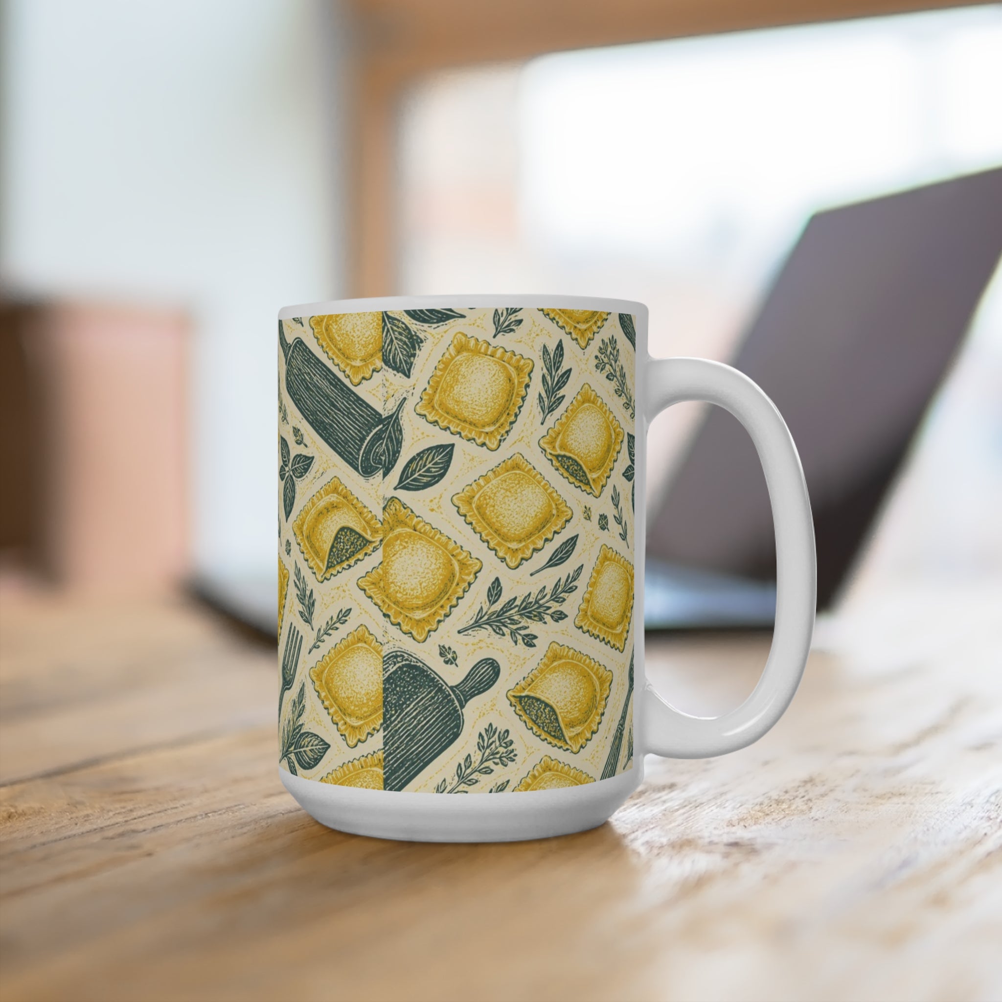 Fresh Ravioli 15oz Ceramic Mug Mediterranean Kitchen Linocut Design Italian Cottagecore Gift