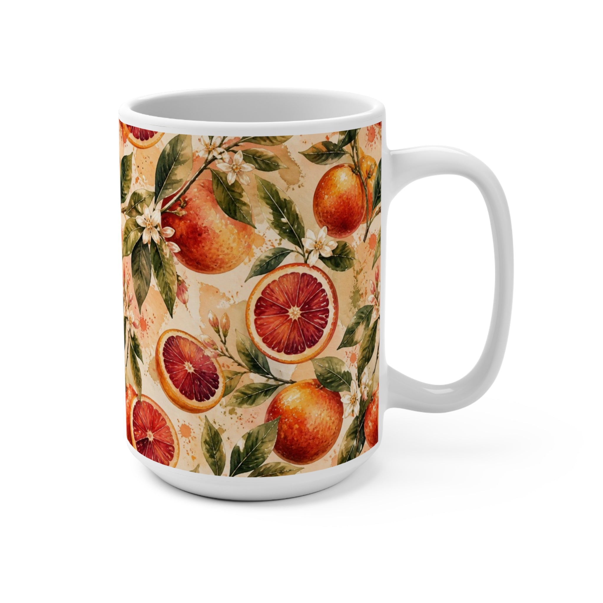 Blood Oranges 15oz Ceramic Mug Mediterranean Kitchen Watercolor Splash Design Italian Cottagecore Gift