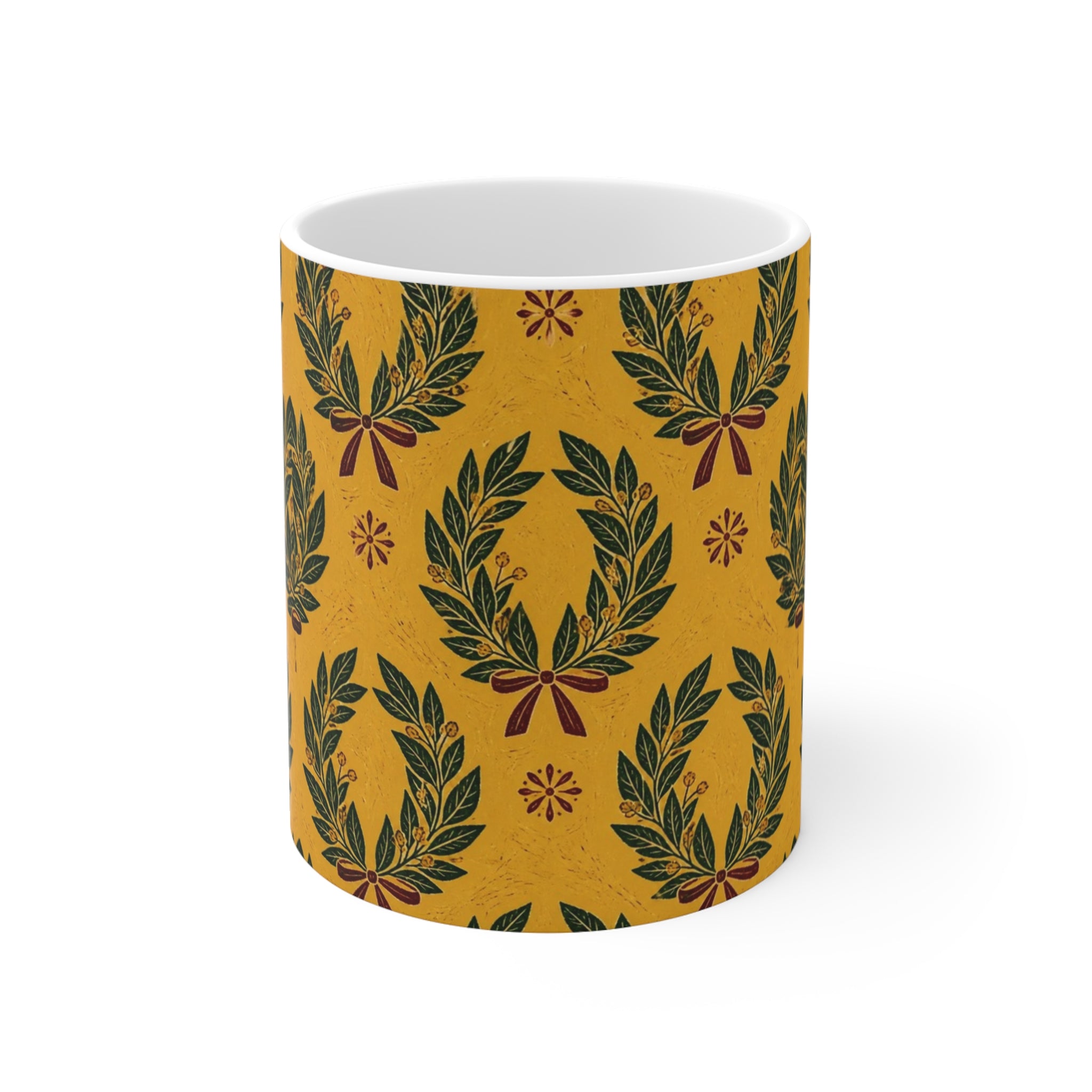 Bay Laurel Wreath 11oz Ceramic Mug Mediterranean Kitchen Linocut Design Italian Cottagecore Gift