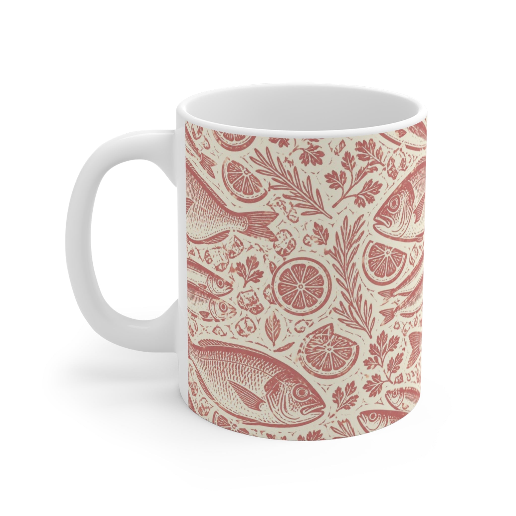 Mediterranean Fish 11oz Ceramic Mug Mediterranean Kitchen Linocut Design Italian Cottagecore Gift