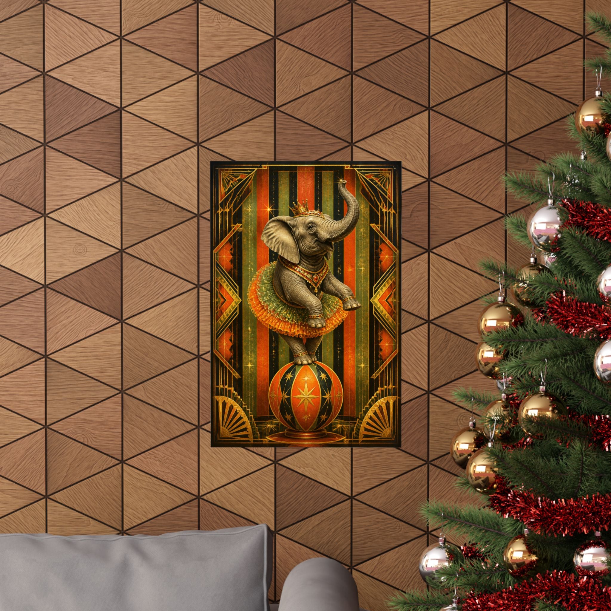 Elephant on Ball Wall Art Poster 24×36 Art Deco Bar Area Decor Maximalist Print
