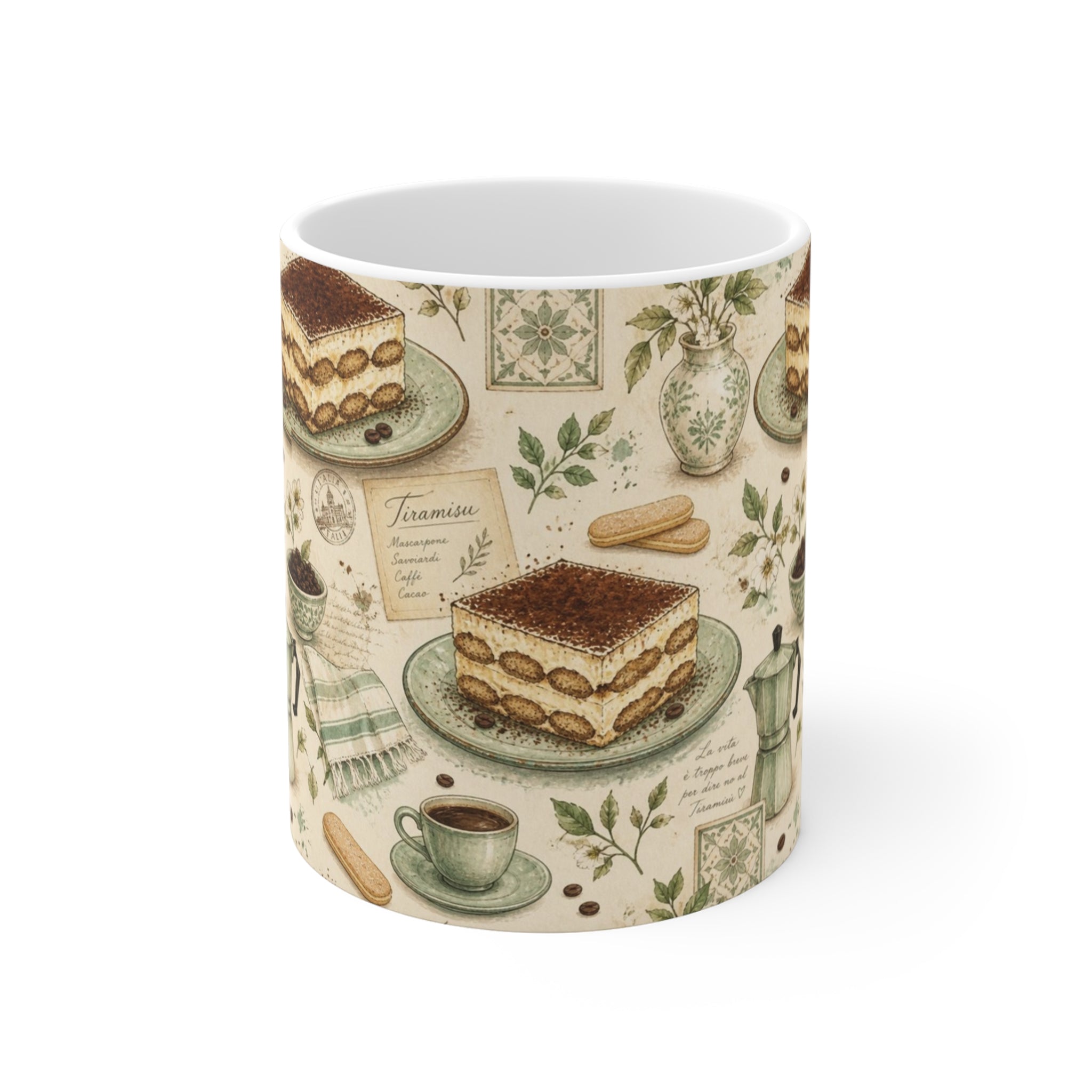 Tiramisu Layers 11oz Ceramic Mug Mediterranean Kitchen Watercolor Design Italian Cottagecore Gift