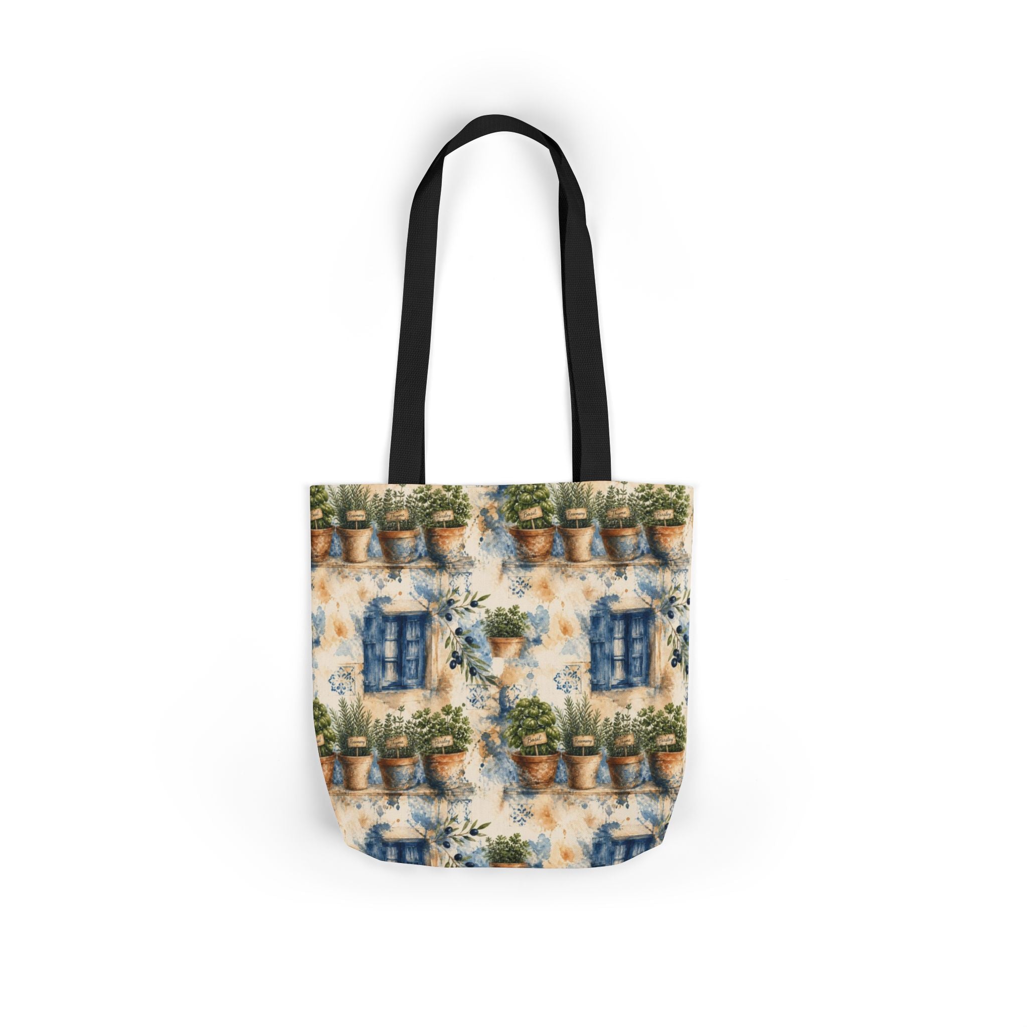Terracotta Herb Pots Canvas Tote Bag Mediterranean Kitchen Watercolor Splash Design Italian Cottagecore Gift