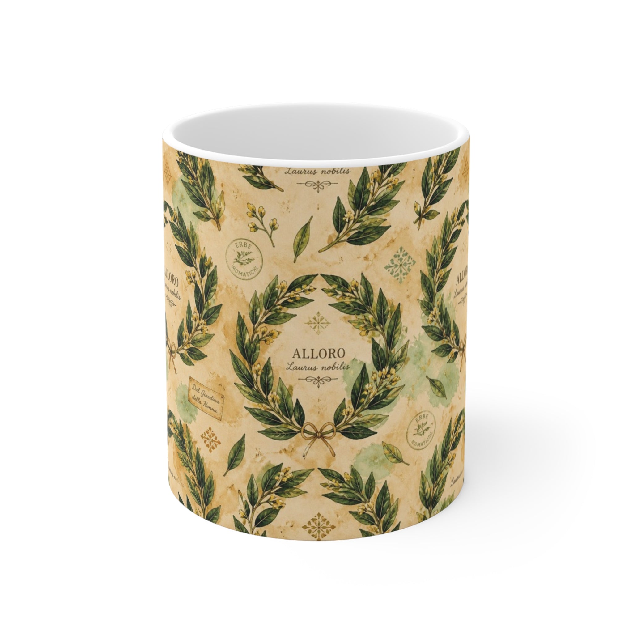 Bay Laurel Wreath 11oz Ceramic Mug Mediterranean Kitchen Watercolor Design Italian Cottagecore Gift