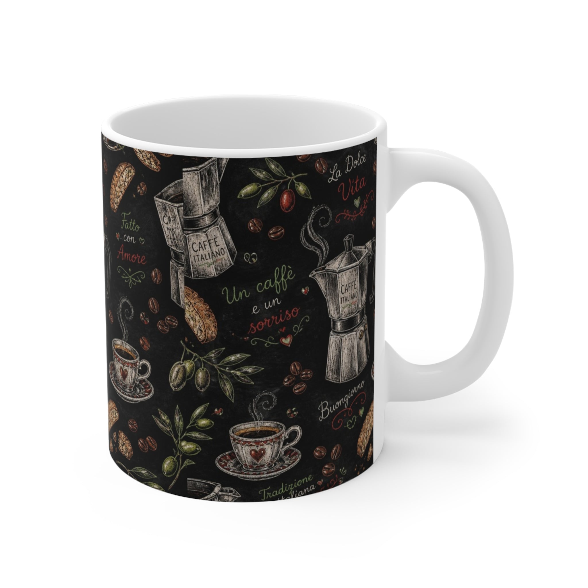 Espresso Moka Pot 11oz Ceramic Mug Mediterranean Kitchen Chalk Art Design Italian Cottagecore Gift