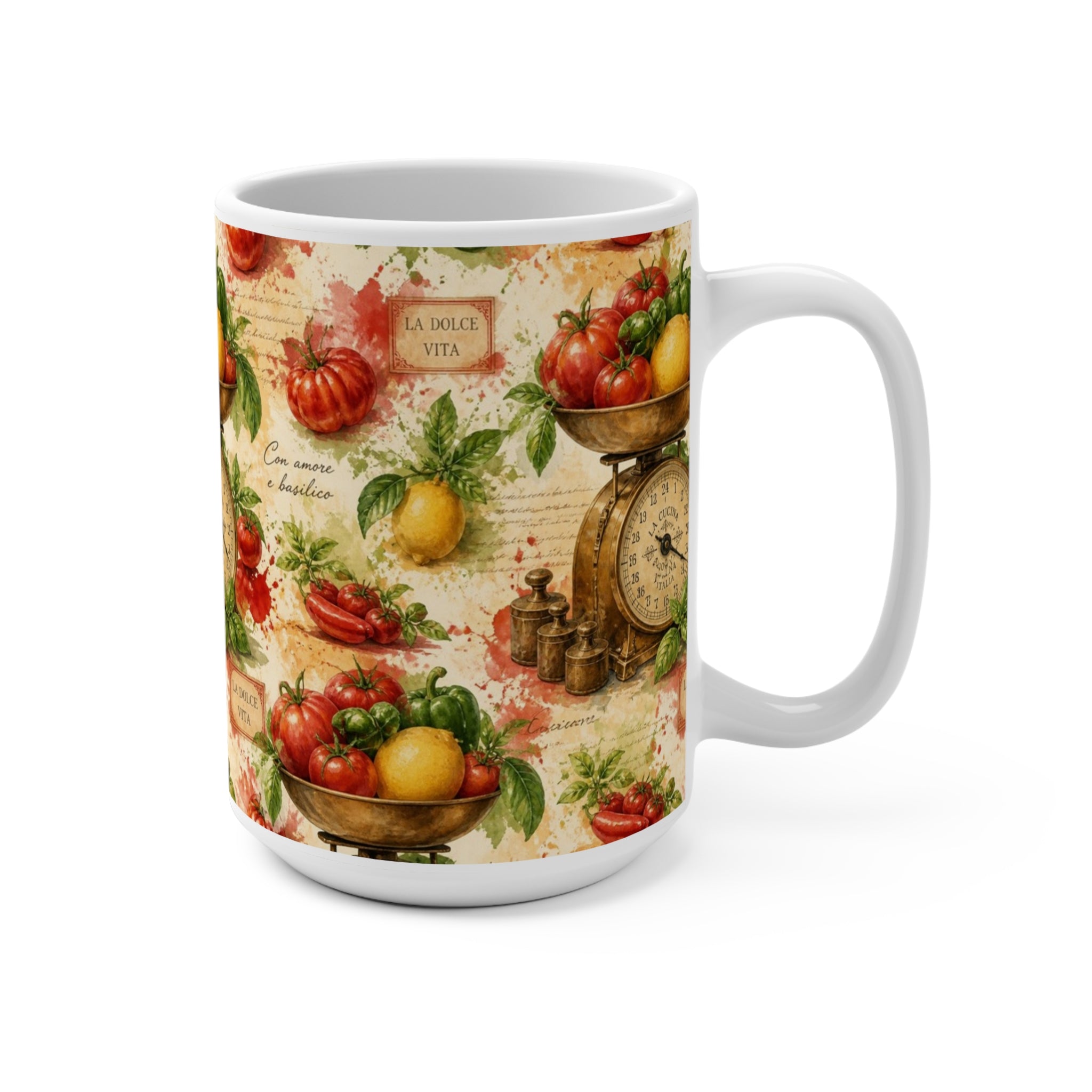 Vintage Kitchen Scale 15oz Ceramic Mug Mediterranean Kitchen Watercolor Splash Design Italian Cottagecore Gift