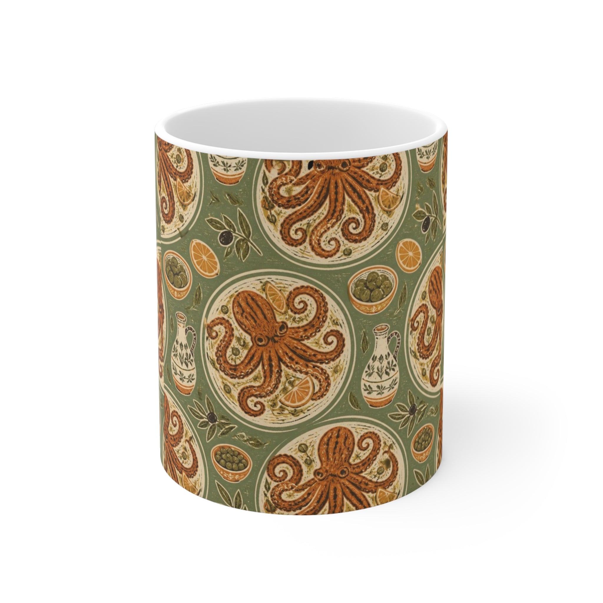 Grilled Octopus 11oz Ceramic Mug Mediterranean Kitchen Linocut Design Italian Cottagecore Gift