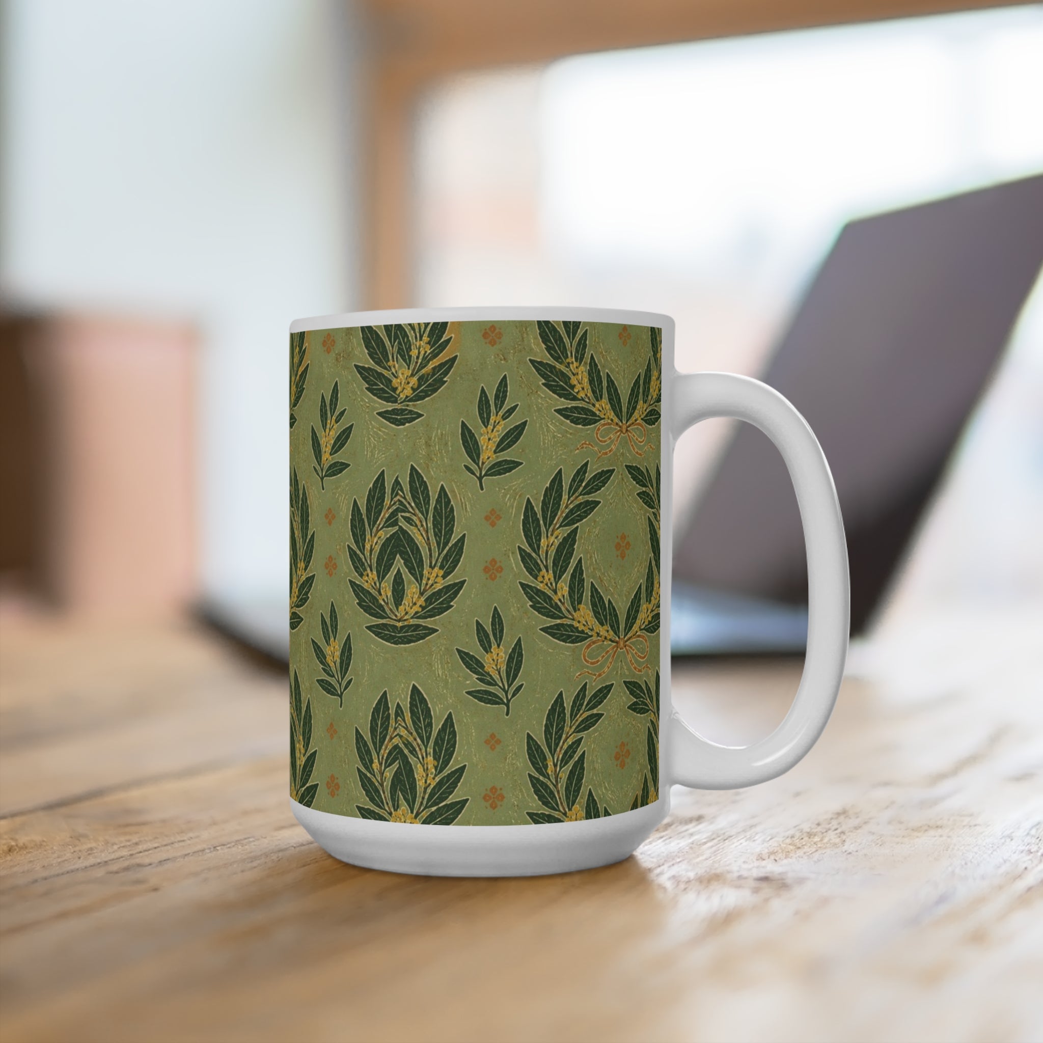 Bay Laurel Wreath 15oz Ceramic Mug Mediterranean Kitchen Linocut Design Italian Cottagecore Gift