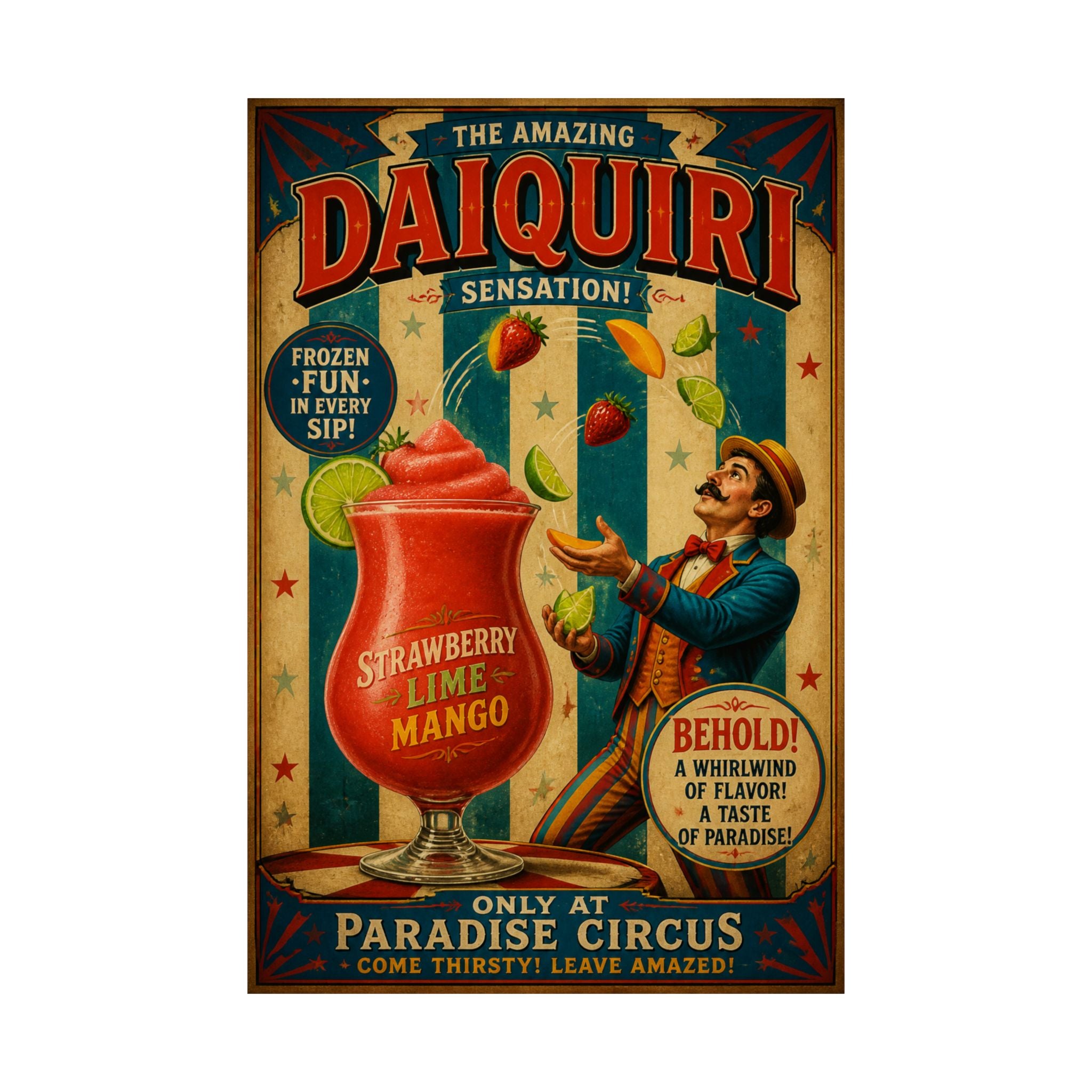 Daiquiri Fruit Juggler Wall Art Poster 24×36 Vintage Circus Bedroom Decor Maximalist Print