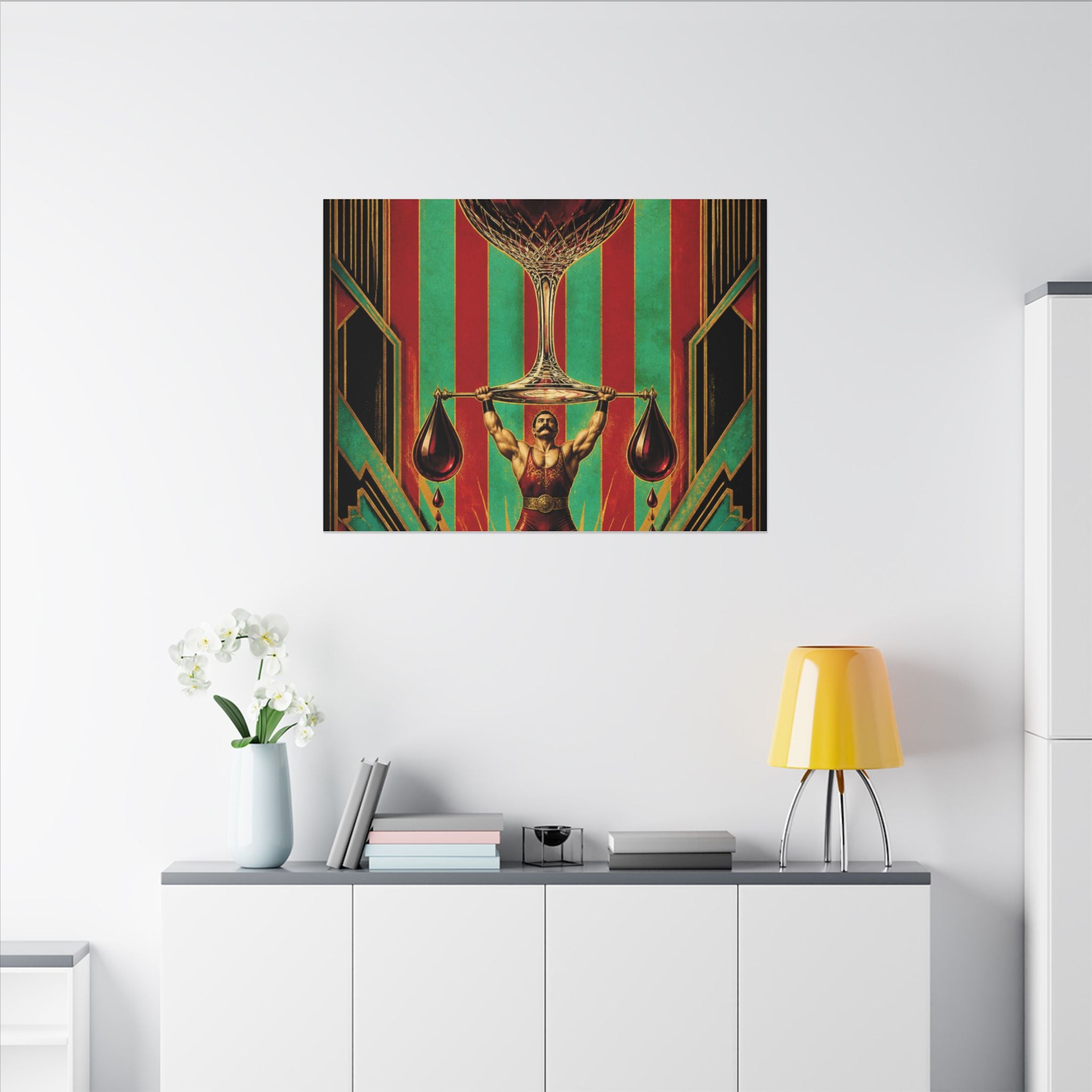 Wine Glass Strongman Wall Art Canvas 24×36 Art Deco Bar Area Decor Maximalist Print
