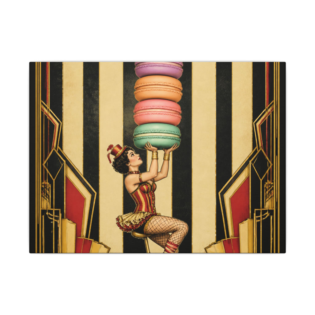 Macaron Balancing Tower Wall Art Canvas 24×36 Art Deco Bar Area Decor Maximalist Print