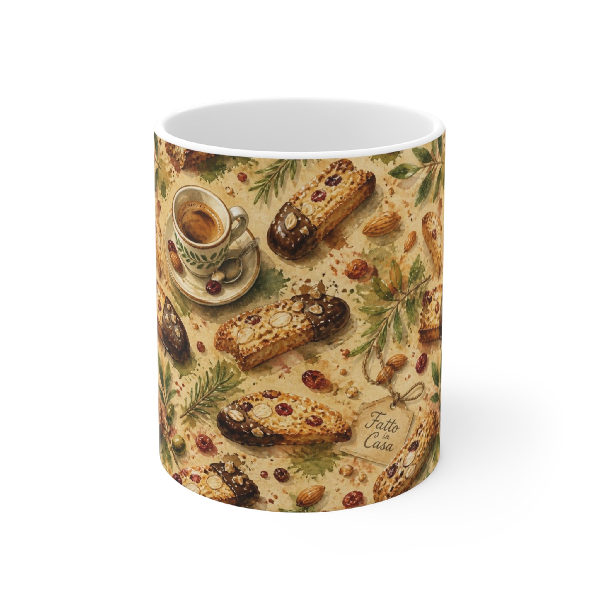 Almond Biscotti 11oz Ceramic Mug Mediterranean Kitchen Watercolor Splash Design Italian Cottagecore Gift