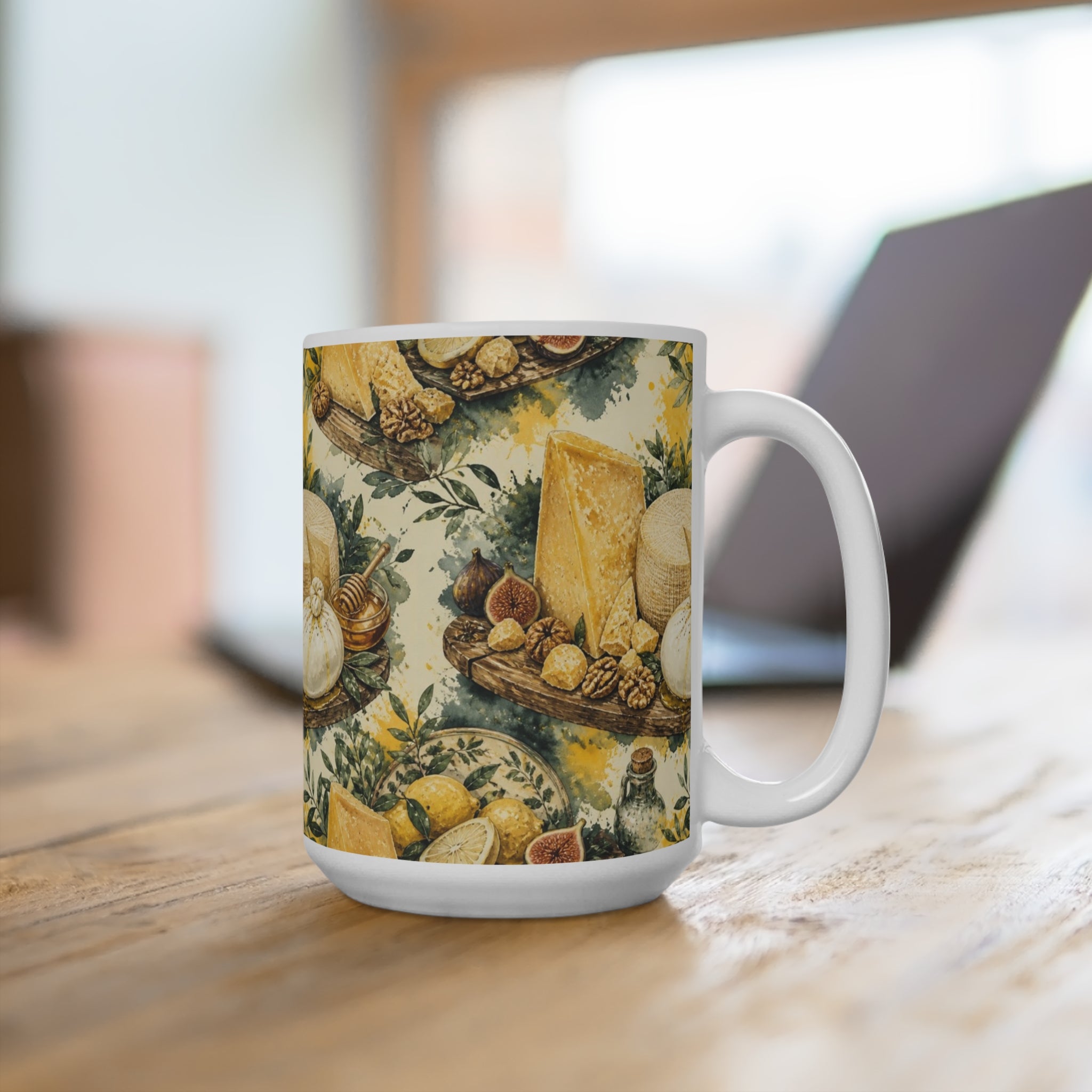 Italian Cheese Board 15oz Ceramic Mug Mediterranean Kitchen Watercolor Splash Design Italian Cottagecore Gift
