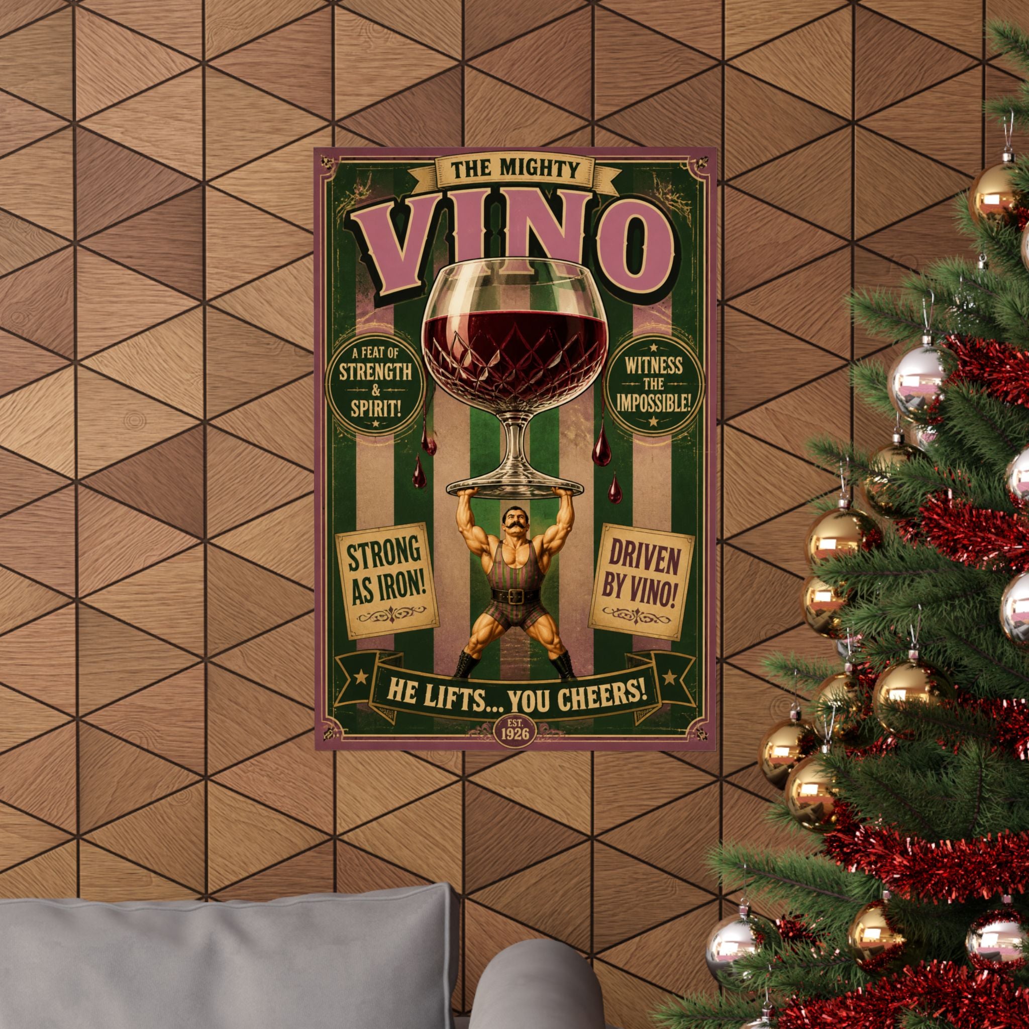 Wine Glass Strongman Wall Art Poster 24×36 Vintage Circus Bedroom Decor Maximalist Print