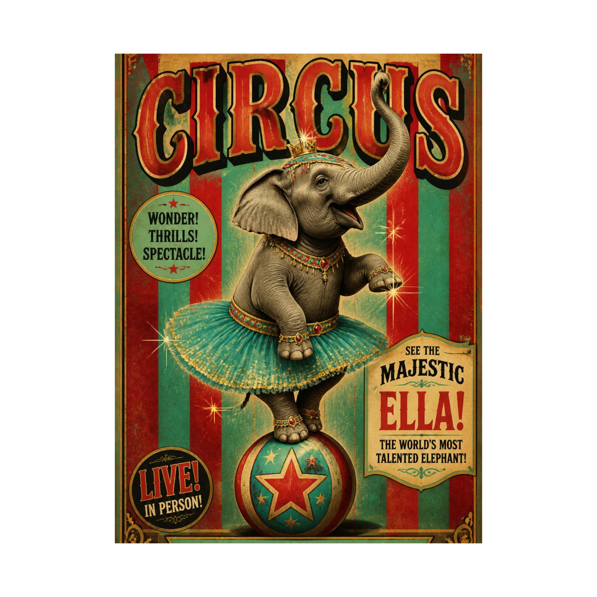 Elephant on Ball Wall Art Poster 24×36 Vintage Circus Bedroom Decor Maximalist Print