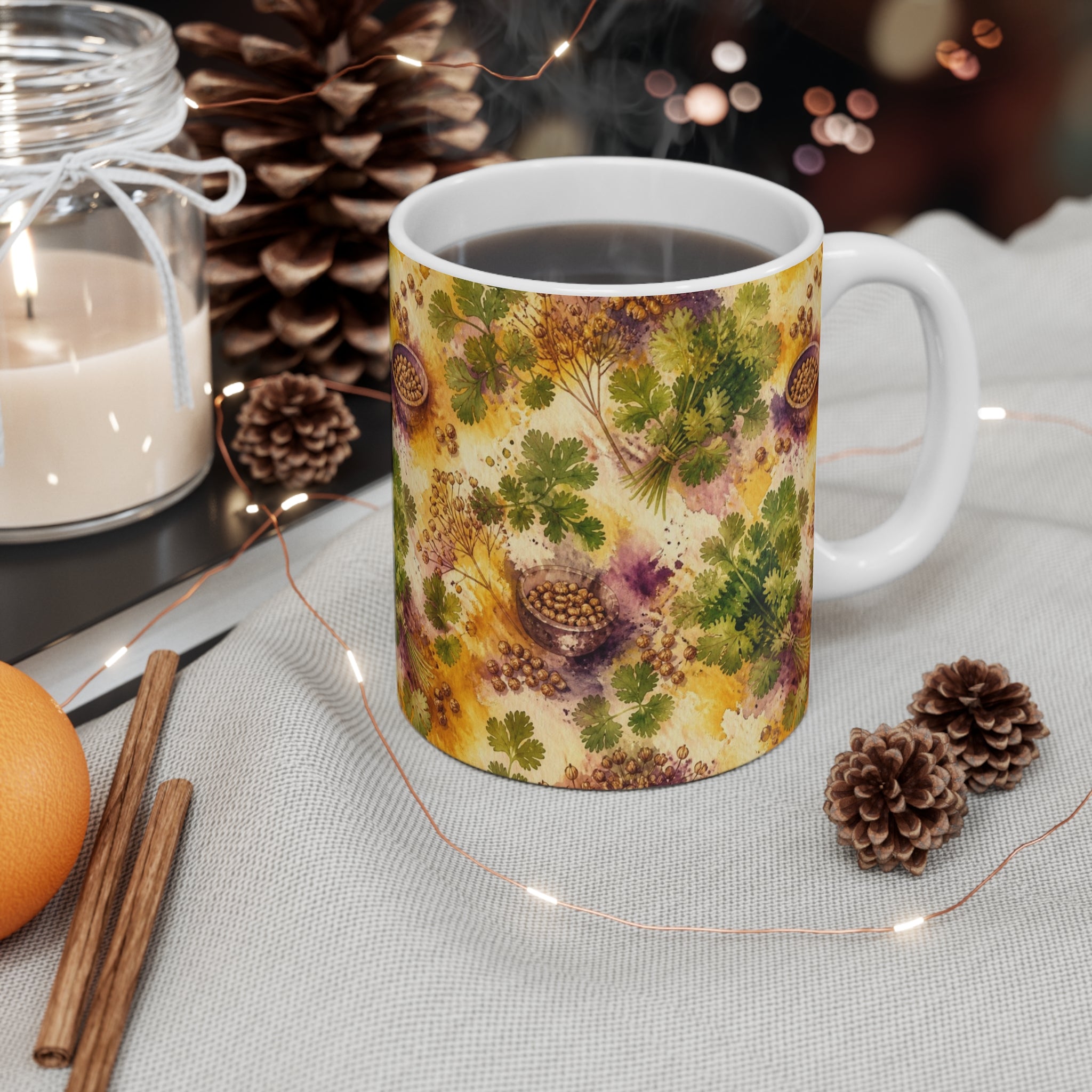 Coriander & Seeds 11oz Ceramic Mug Mediterranean Kitchen Watercolor Splash Design Italian Cottagecore Gift