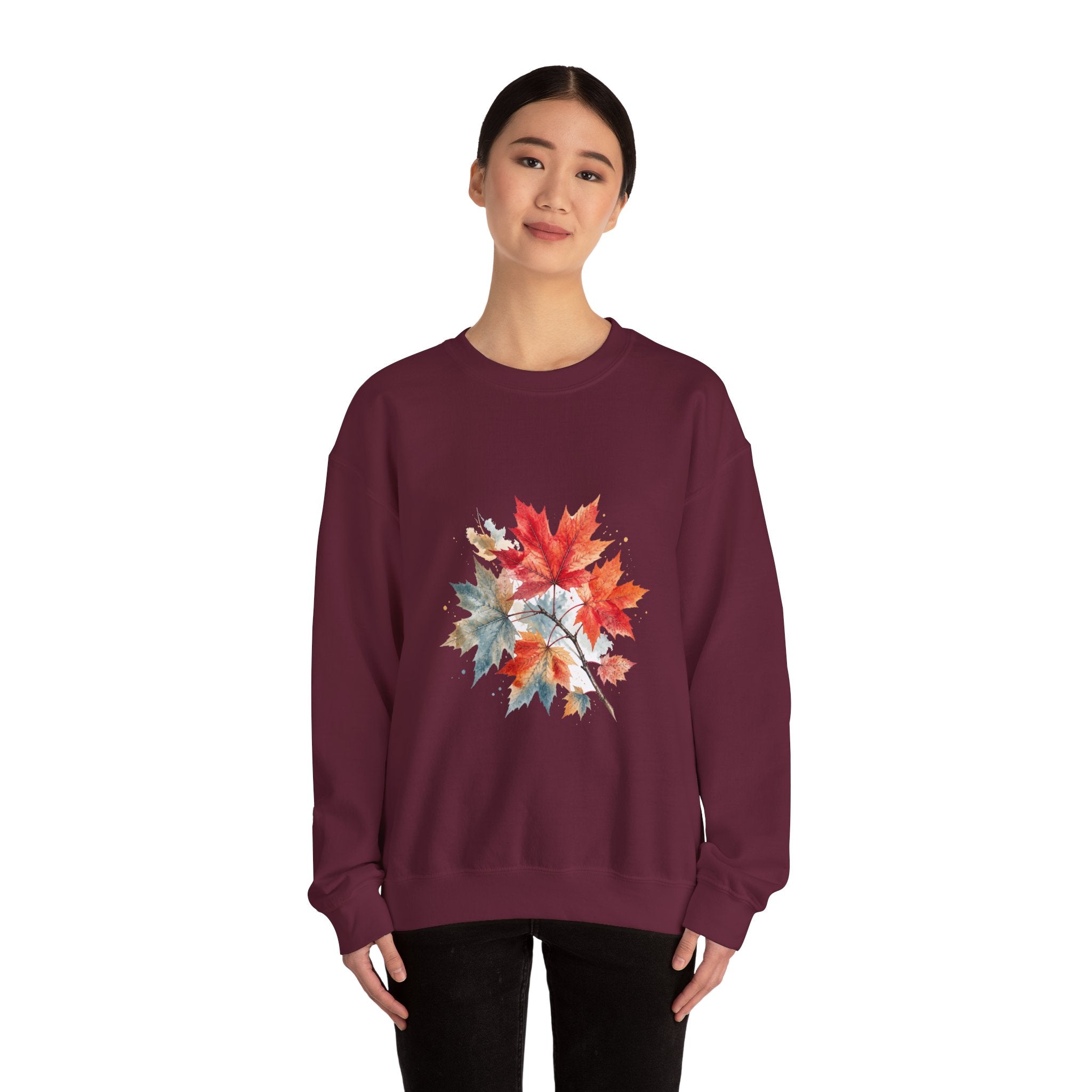 Matching Couple Sweatshirt - Cherry Blossom & Maple Leaf Matching Couple Crewneck Sweatshirt Watercolor Art His Hers Engagement Gift - Design B