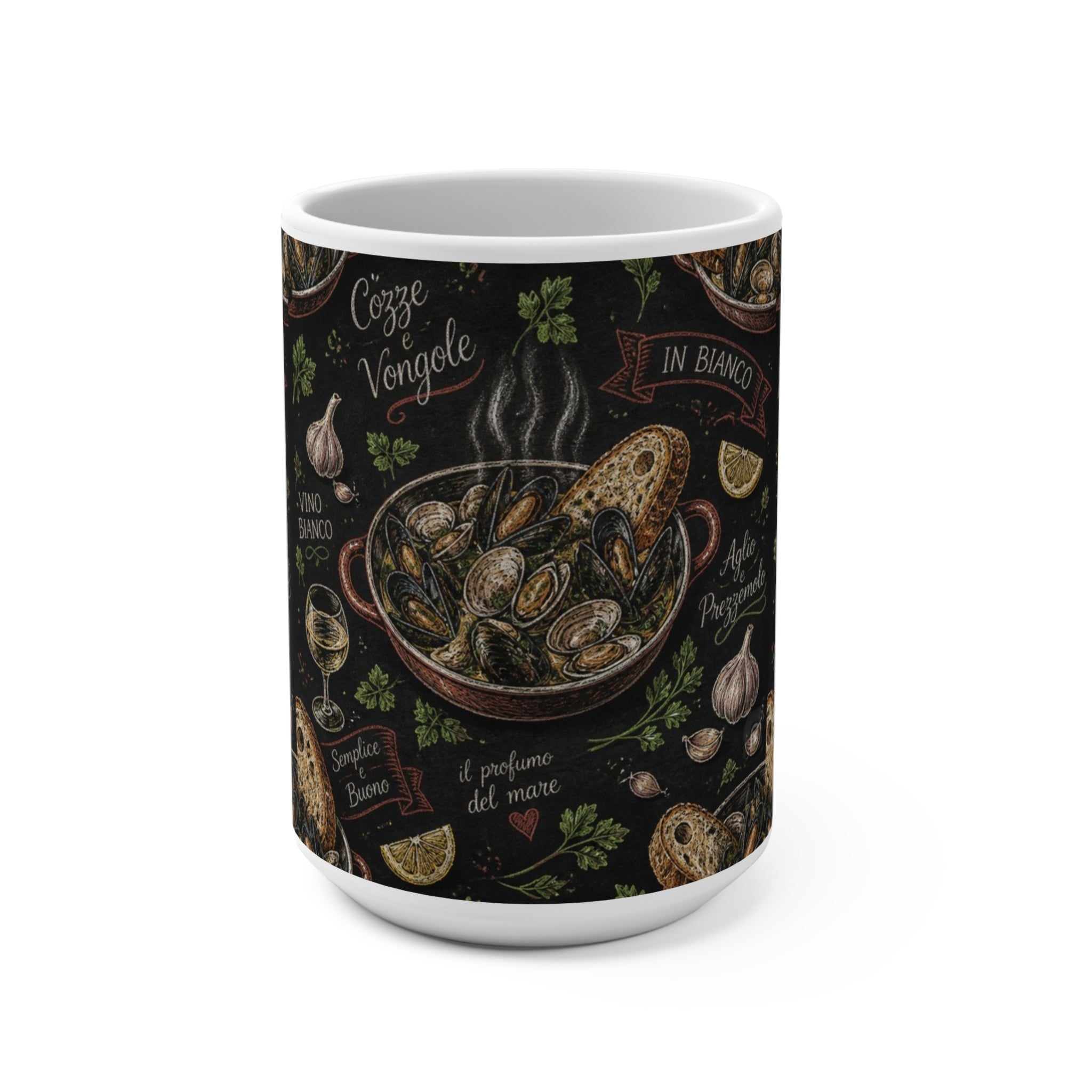 Mussels & Clams 15oz Ceramic Mug Mediterranean Kitchen Chalk Art Design Italian Cottagecore Gift