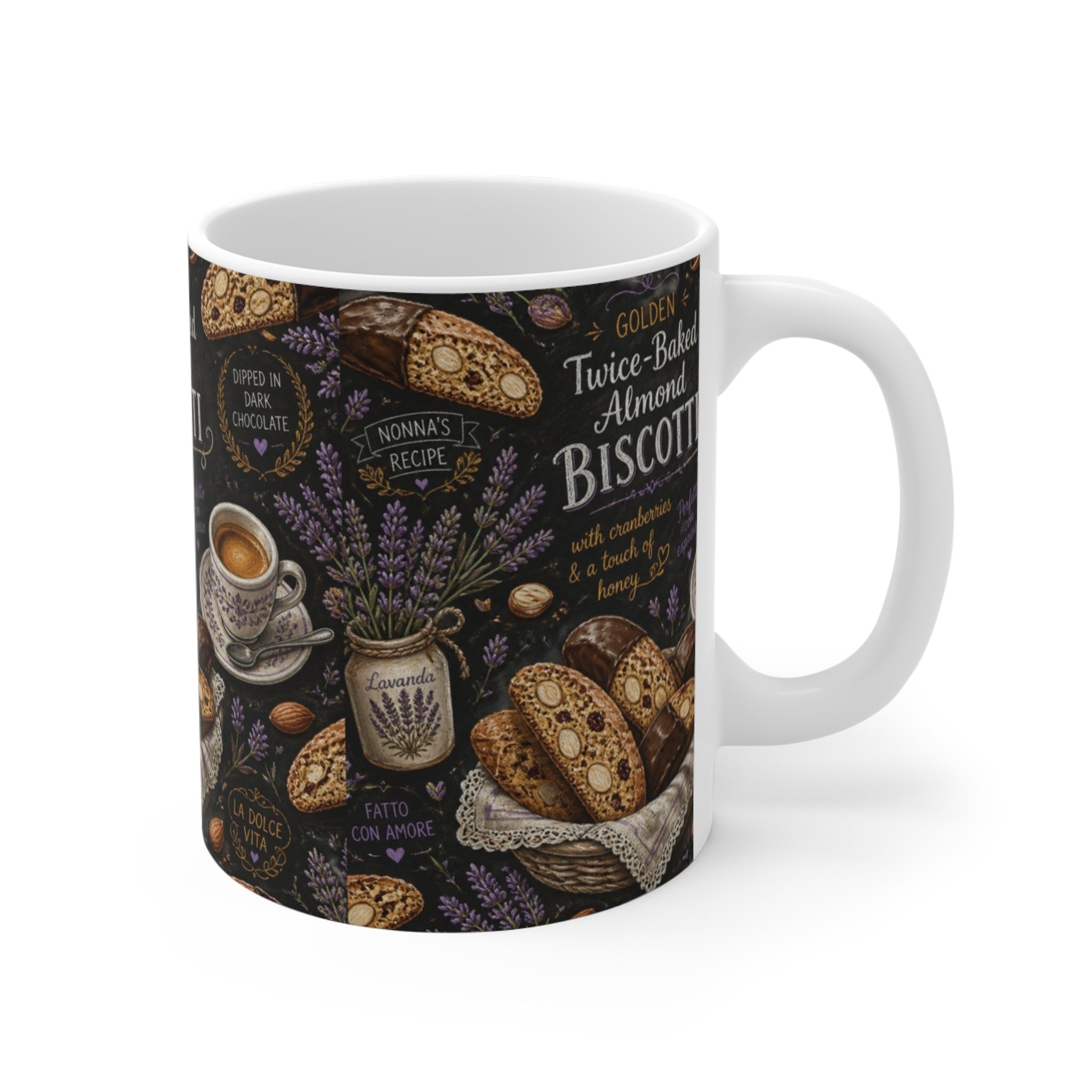 Almond Biscotti 11oz Ceramic Mug Mediterranean Kitchen Chalk Art Design Italian Cottagecore Gift