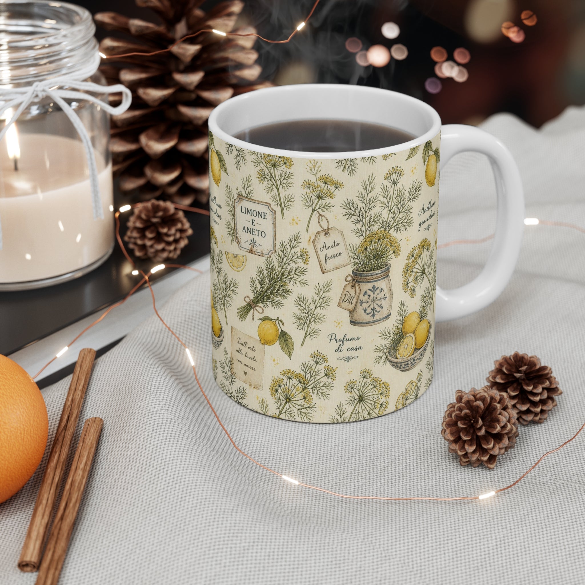Dill Fronds 11oz Ceramic Mug Mediterranean Kitchen Watercolor Design Italian Cottagecore Gift