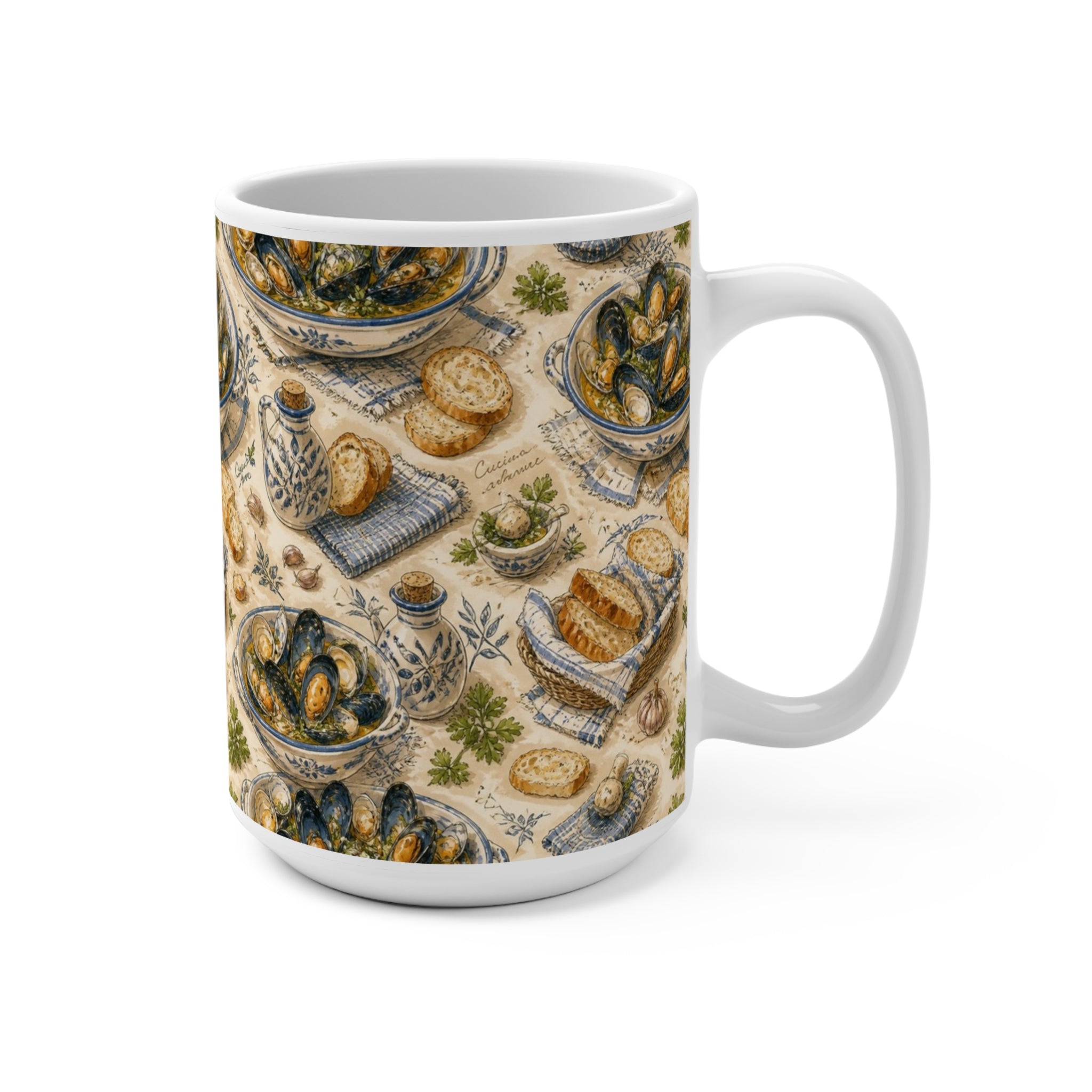 Mussels & Clams 15oz Ceramic Mug Mediterranean Kitchen Watercolor Design Italian Cottagecore Gift