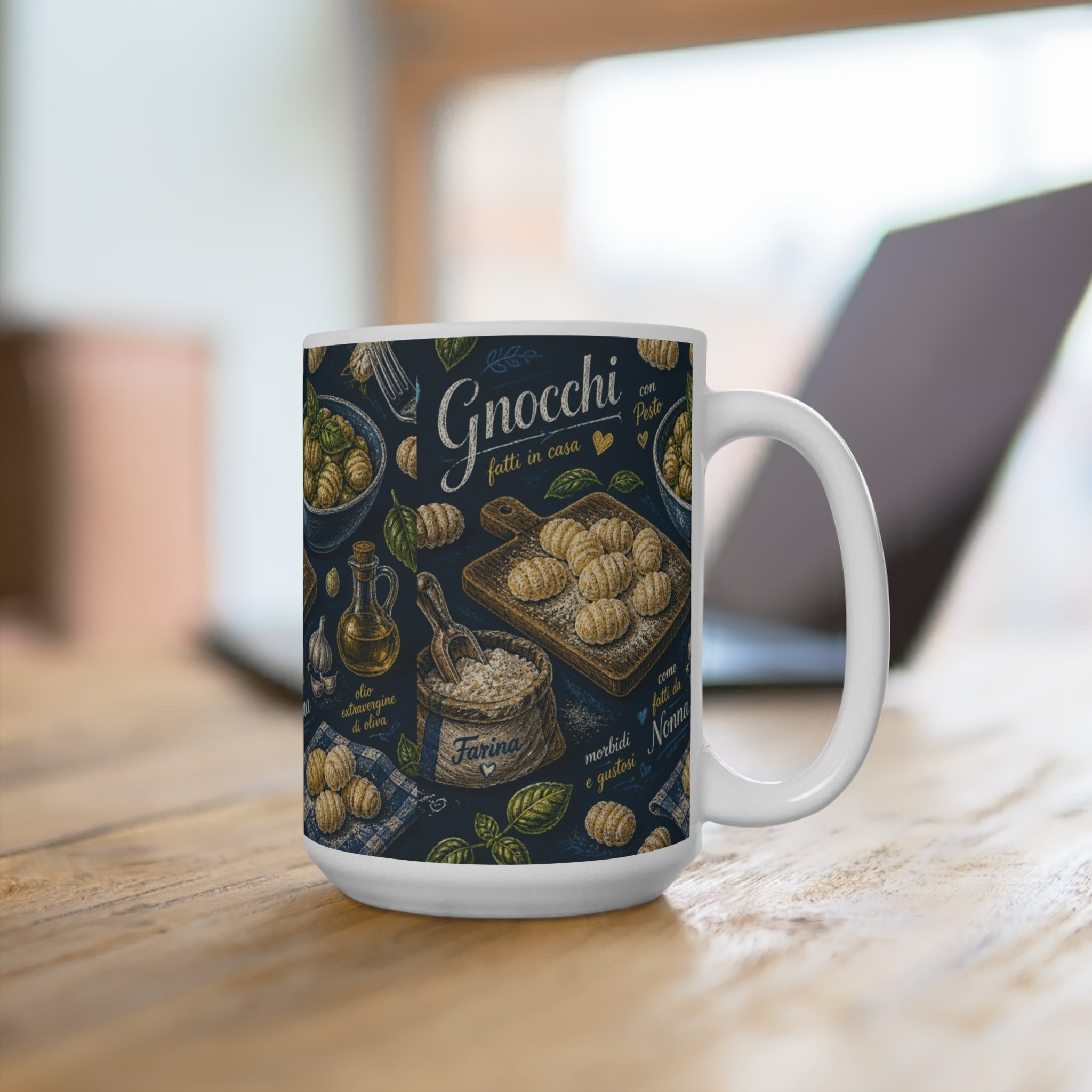 Potato Gnocchi 15oz Ceramic Mug Mediterranean Kitchen Chalk Art Design Italian Cottagecore Gift