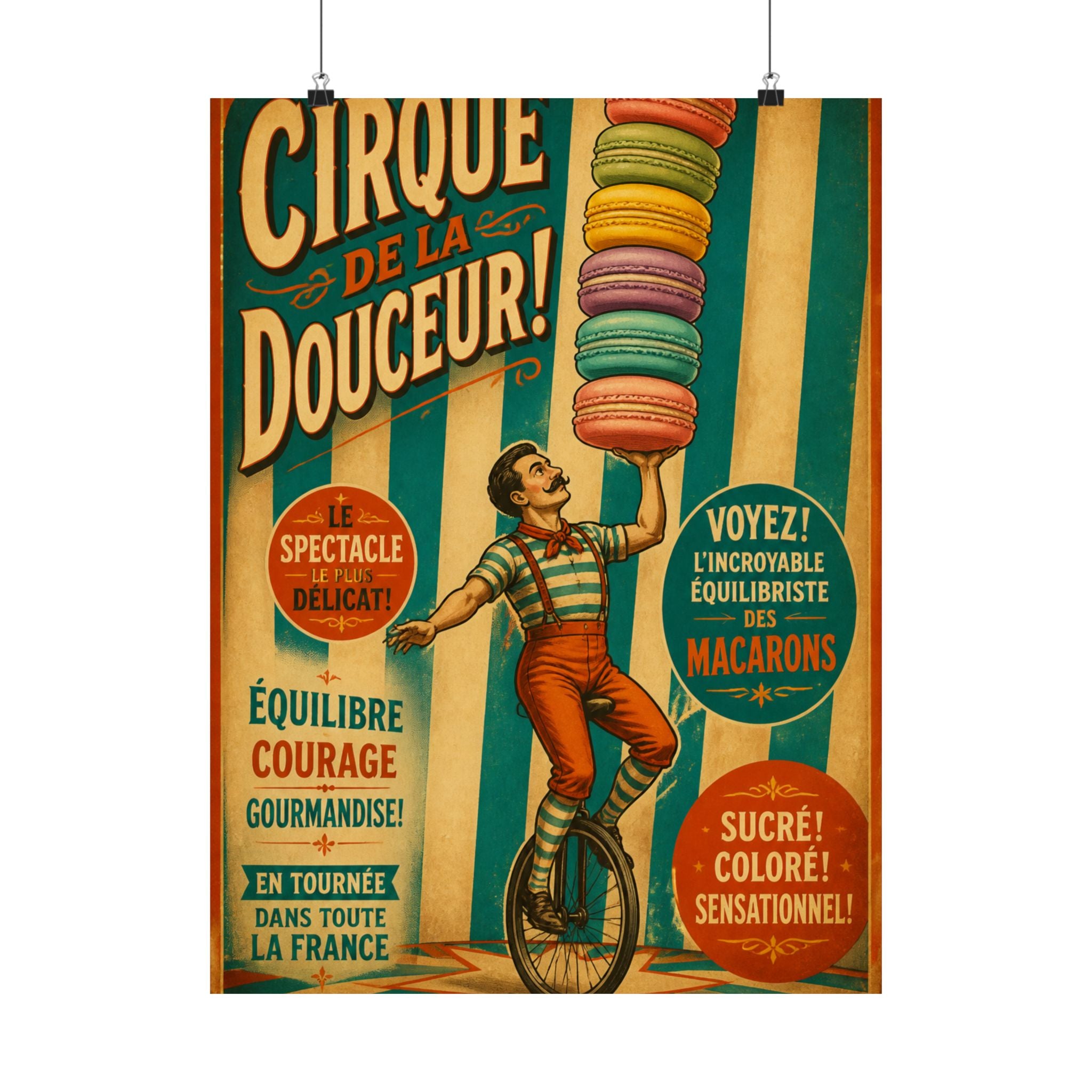Macaron Balancing Tower Wall Art Poster 18×24 Vintage Circus Kitchen Decor Maximalist Print