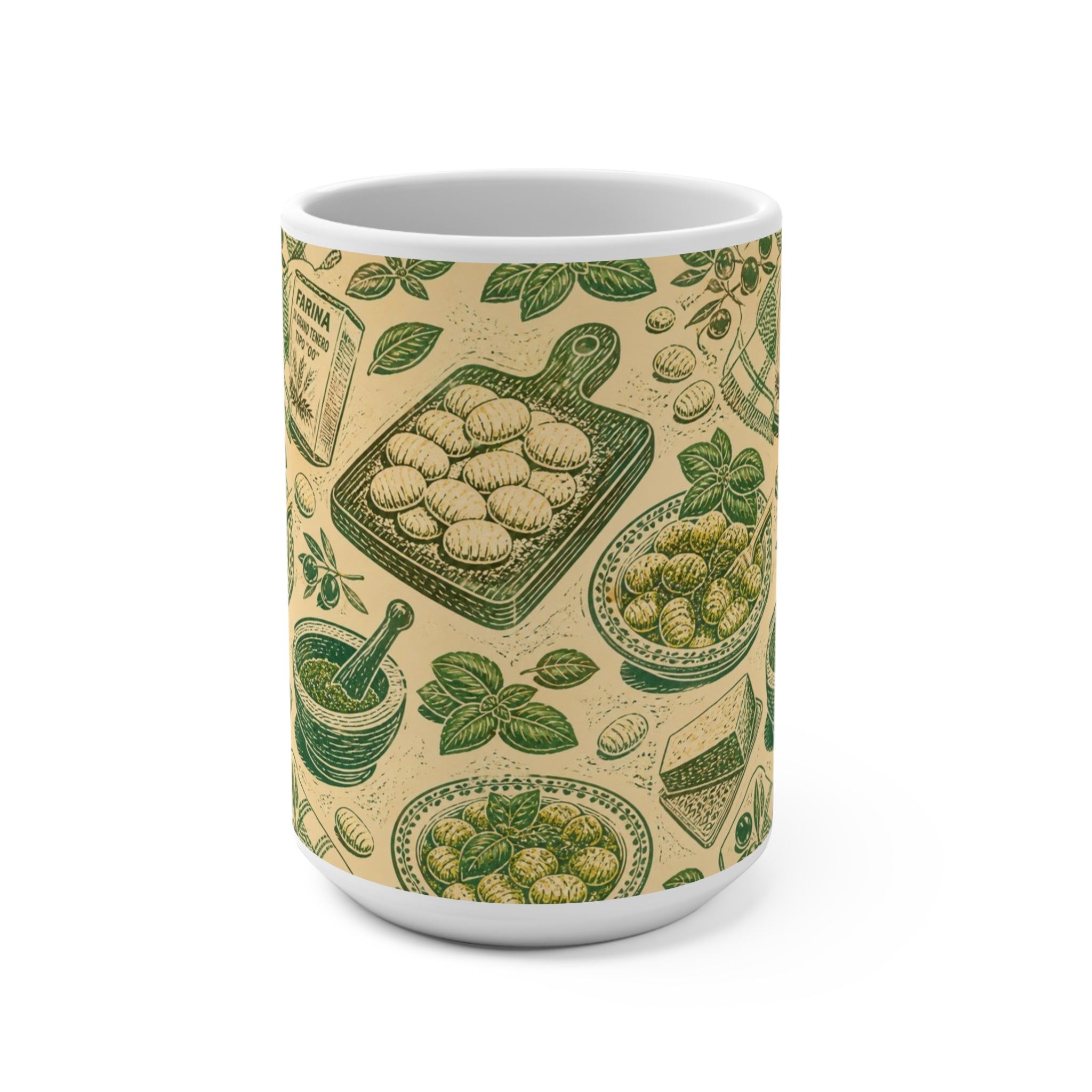 Potato Gnocchi 15oz Ceramic Mug Mediterranean Kitchen Linocut Design Italian Cottagecore Gift