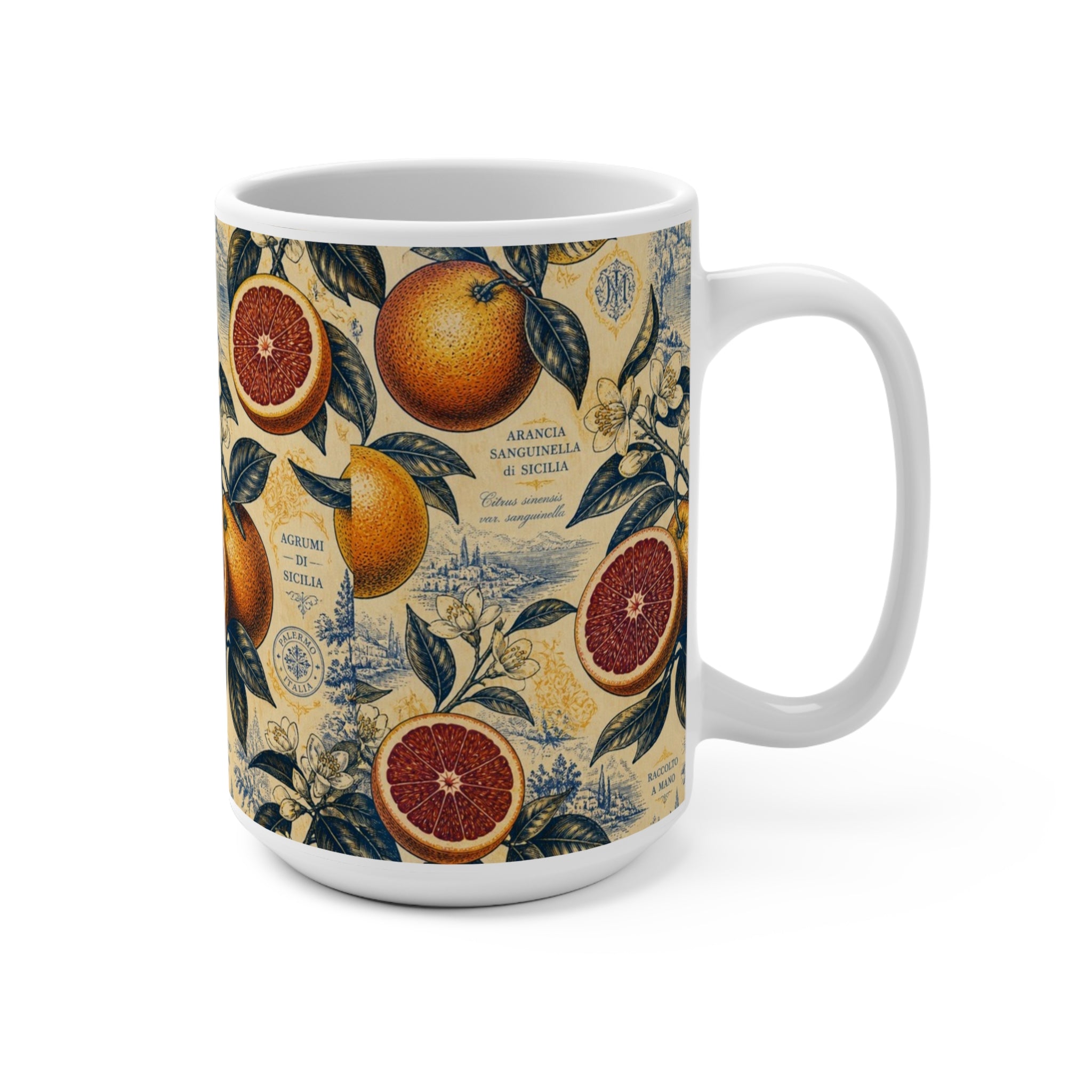 Blood Oranges 15oz Ceramic Mug Mediterranean Kitchen Botanical Design Italian Cottagecore Gift