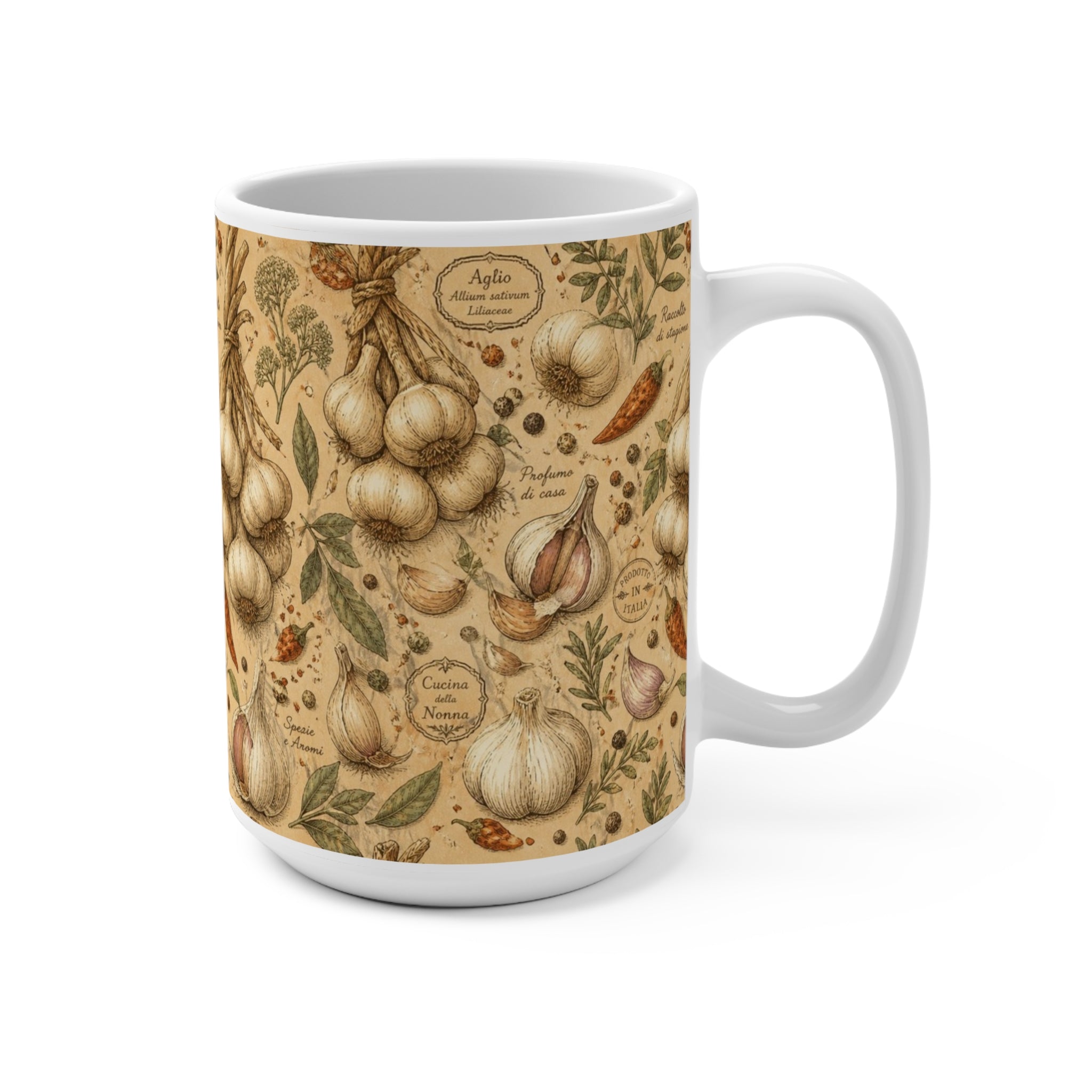 Garlic Bulbs & Cloves 15oz Ceramic Mug Mediterranean Kitchen Botanical Design Italian Cottagecore Gift