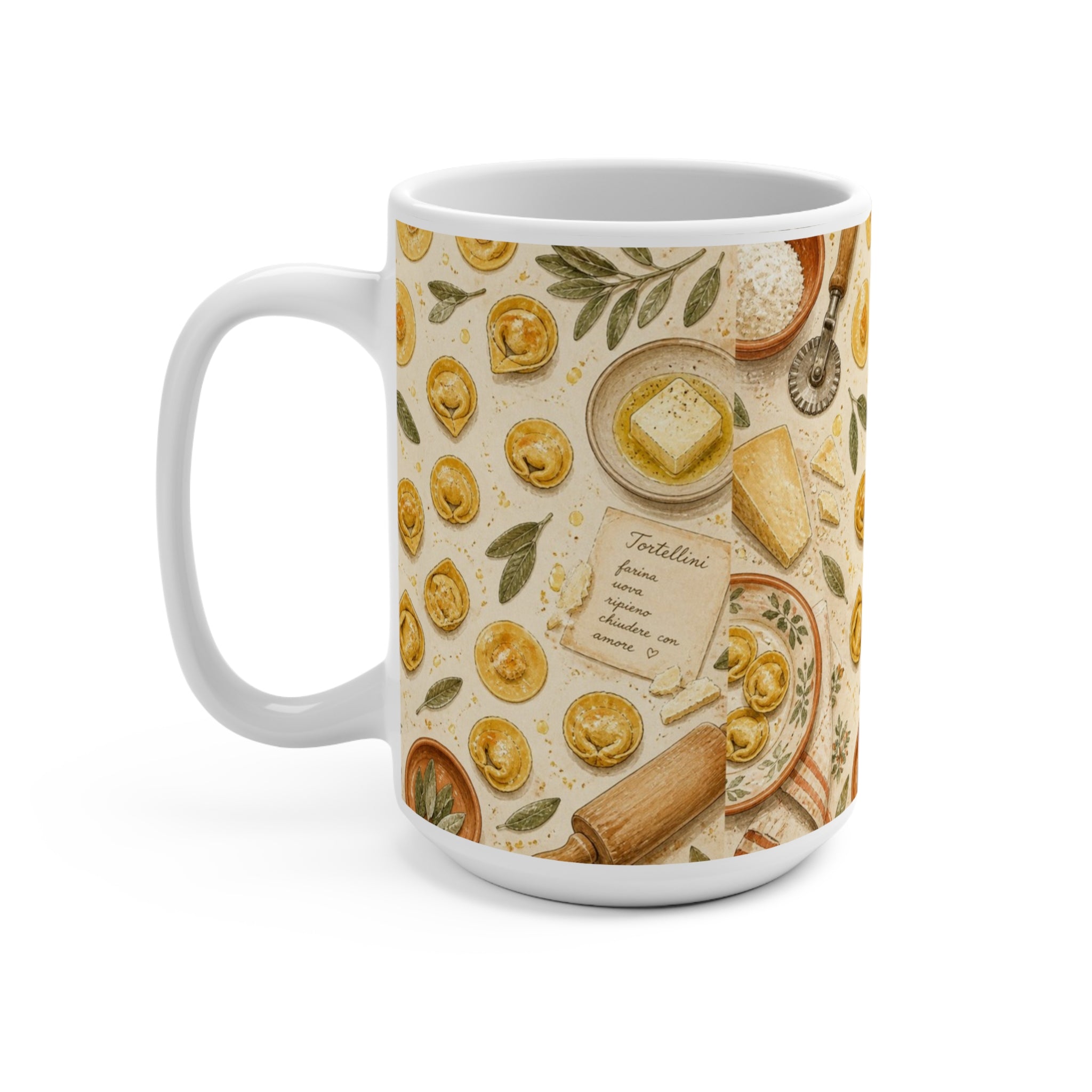 Tortellini with Sage 15oz Ceramic Mug Mediterranean Kitchen Watercolor Design Italian Cottagecore Gift