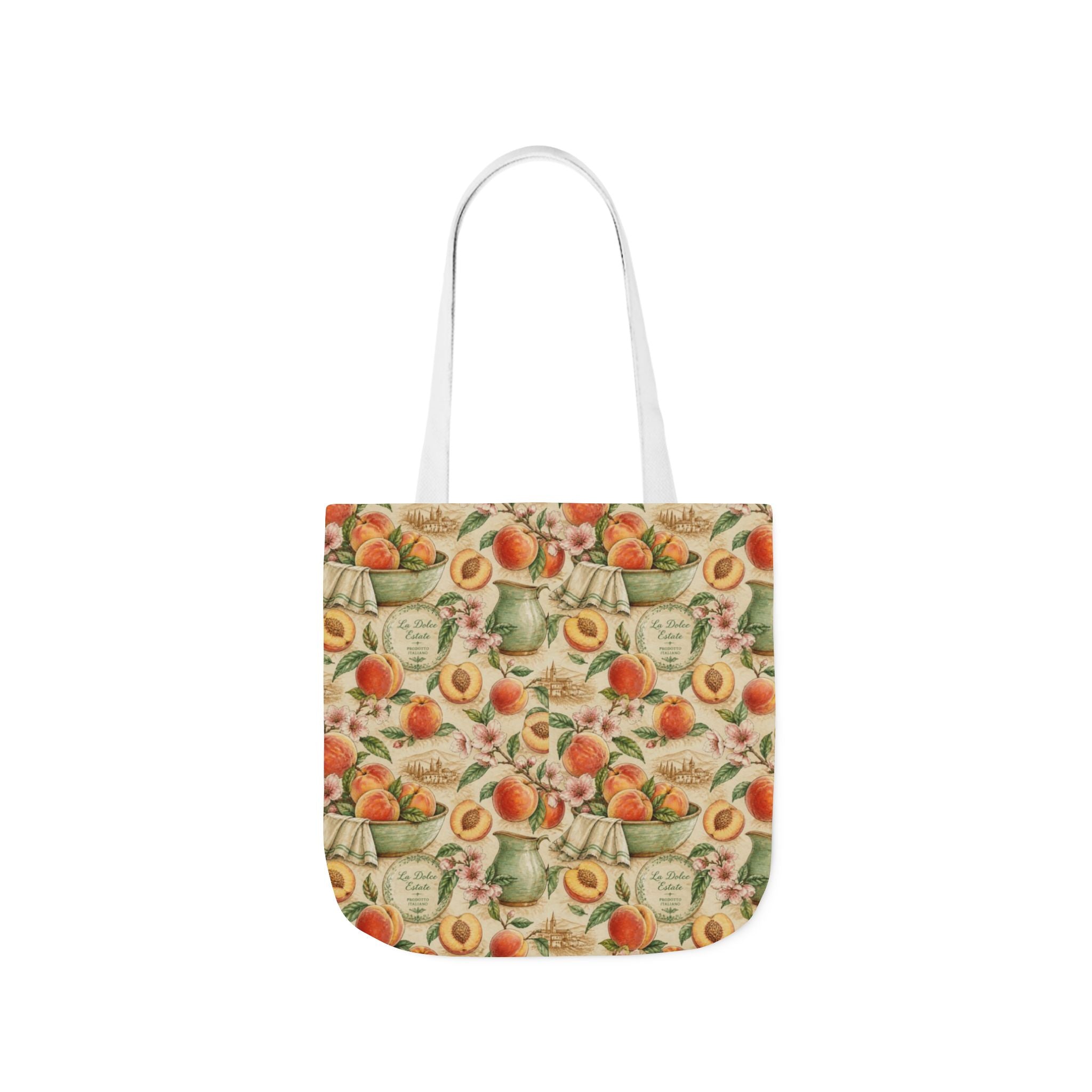 Ripe Peaches Canvas Tote Bag Mediterranean Kitchen Watercolor Design Italian Cottagecore Gift