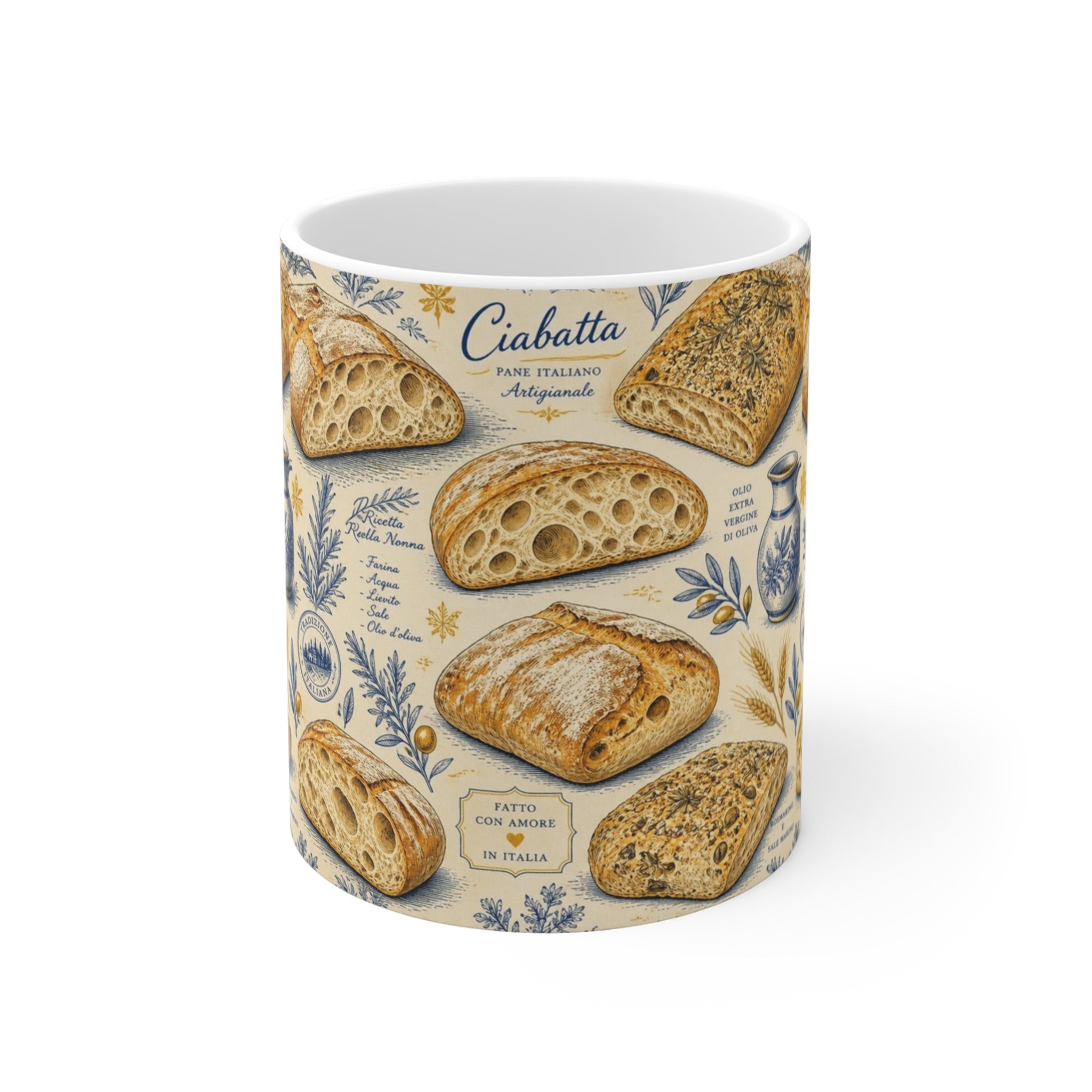 Ciabatta Rolls 11oz Ceramic Mug Mediterranean Kitchen Botanical Design Italian Cottagecore Gift