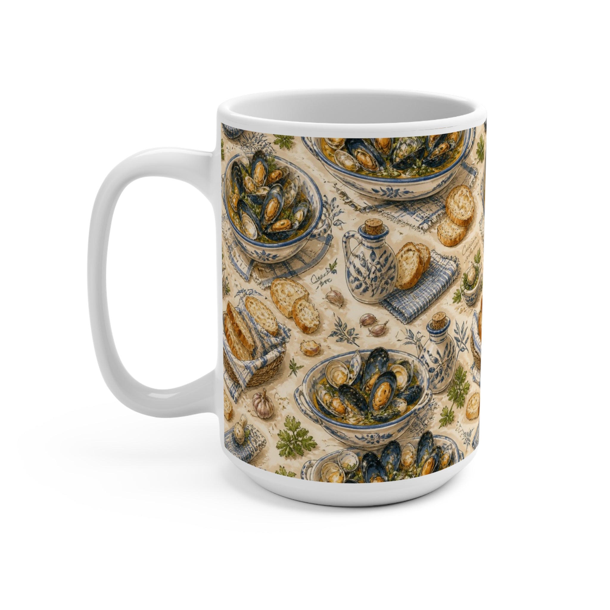Mussels & Clams 15oz Ceramic Mug Mediterranean Kitchen Watercolor Design Italian Cottagecore Gift