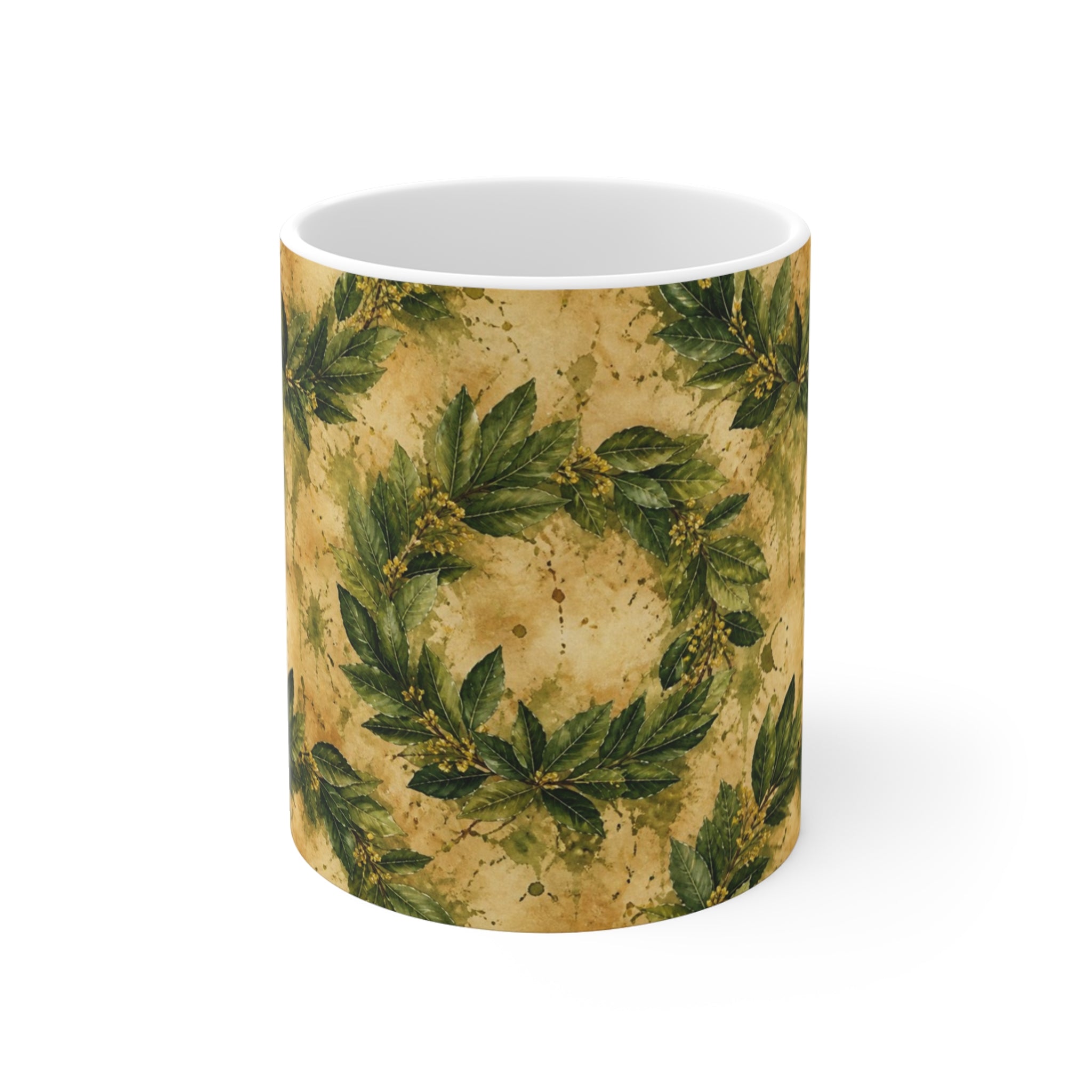 Bay Laurel Wreath 11oz Ceramic Mug Mediterranean Kitchen Watercolor Splash Design Italian Cottagecore Gift