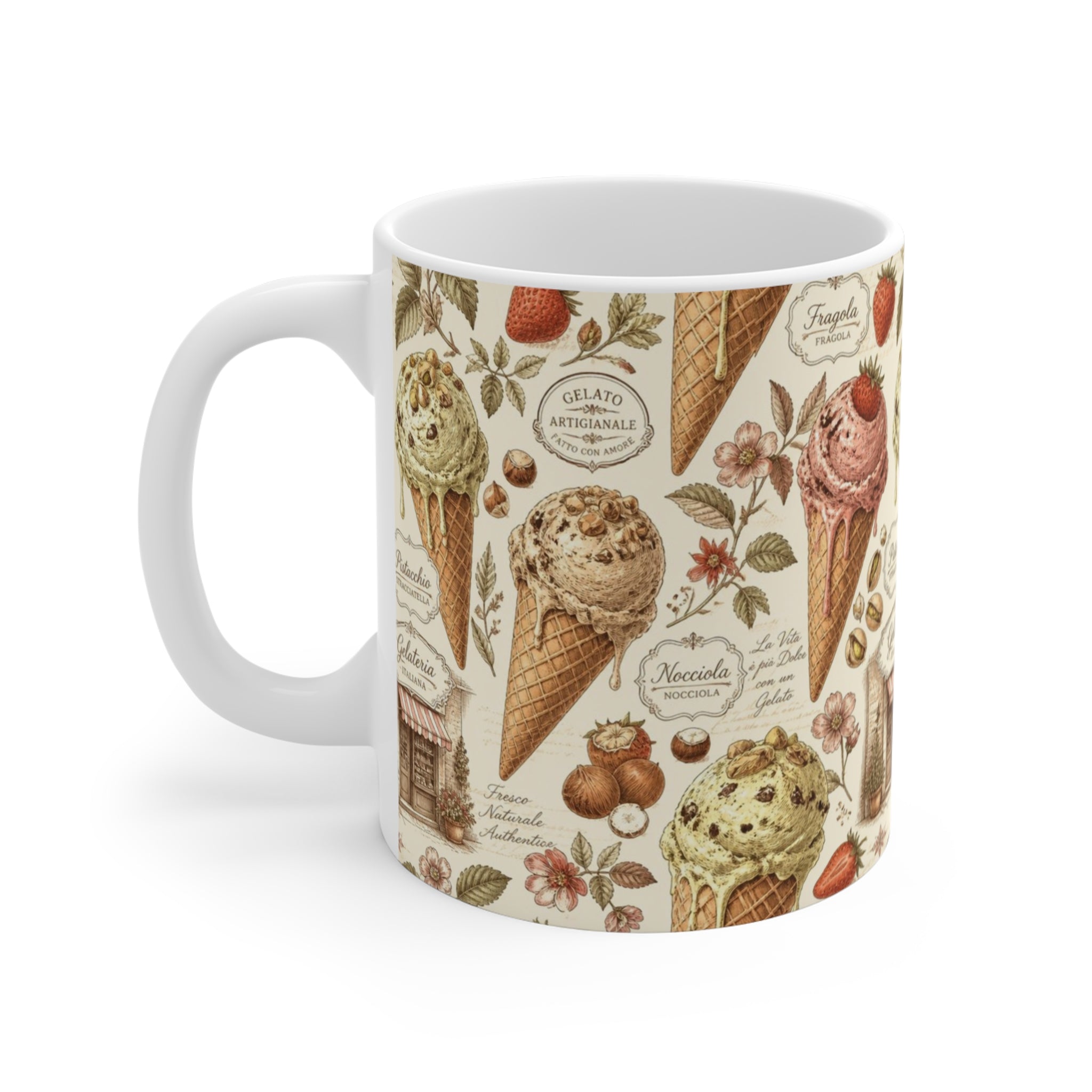 Gelato Scoops 11oz Ceramic Mug Mediterranean Kitchen Botanical Design Italian Cottagecore Gift