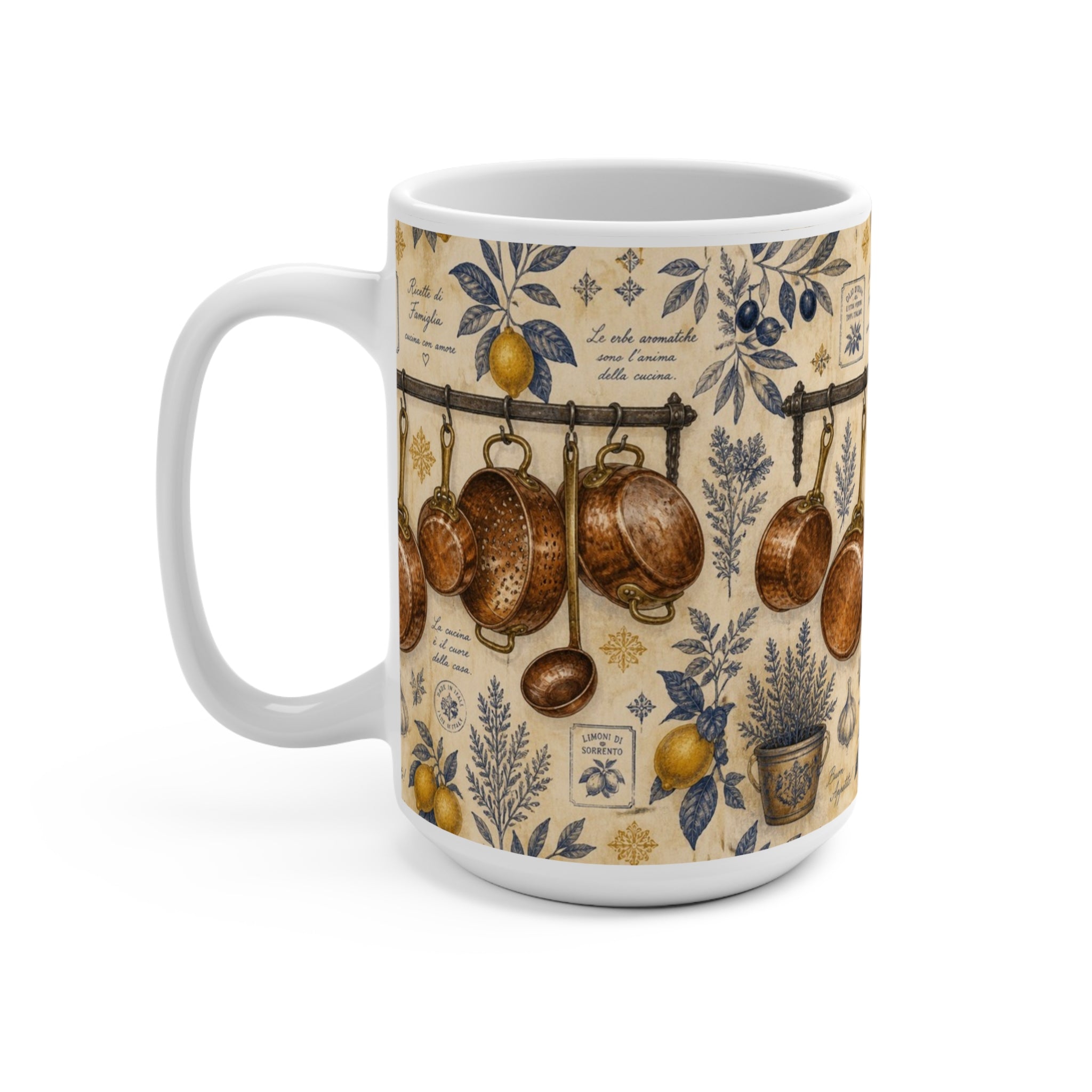Copper Cookware 15oz Ceramic Mug Mediterranean Kitchen Botanical Design Italian Cottagecore Gift