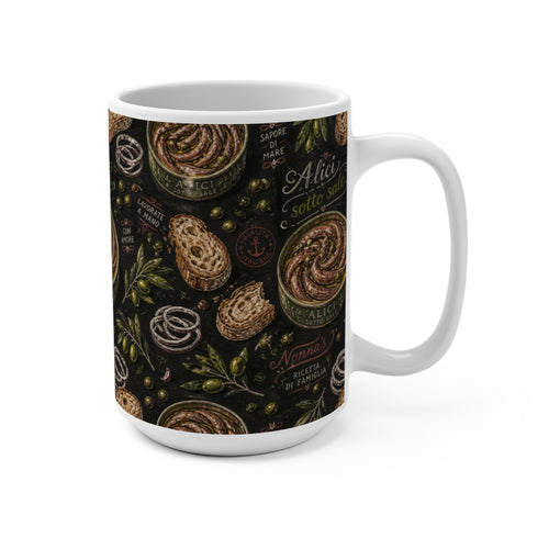 Anchovies & Capers 15oz Ceramic Mug Mediterranean Kitchen Chalk Art Design Italian Cottagecore Gift