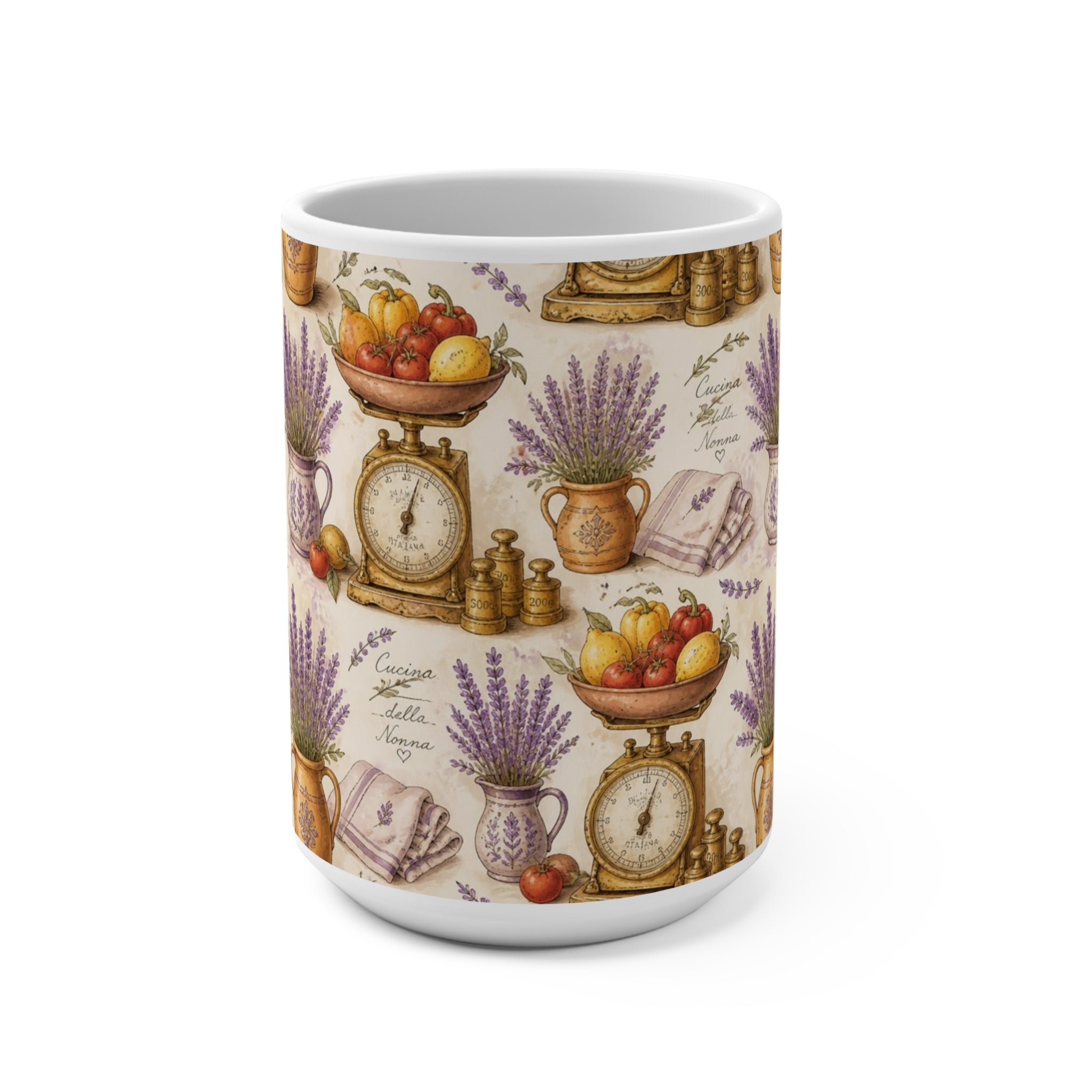 Vintage Kitchen Scale 15oz Ceramic Mug Mediterranean Kitchen Watercolor Design Italian Cottagecore Gift
