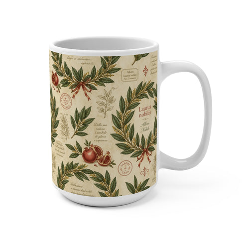 Bay Laurel Wreath 15oz Ceramic Mug Mediterranean Kitchen Botanical Design Italian Cottagecore Gift