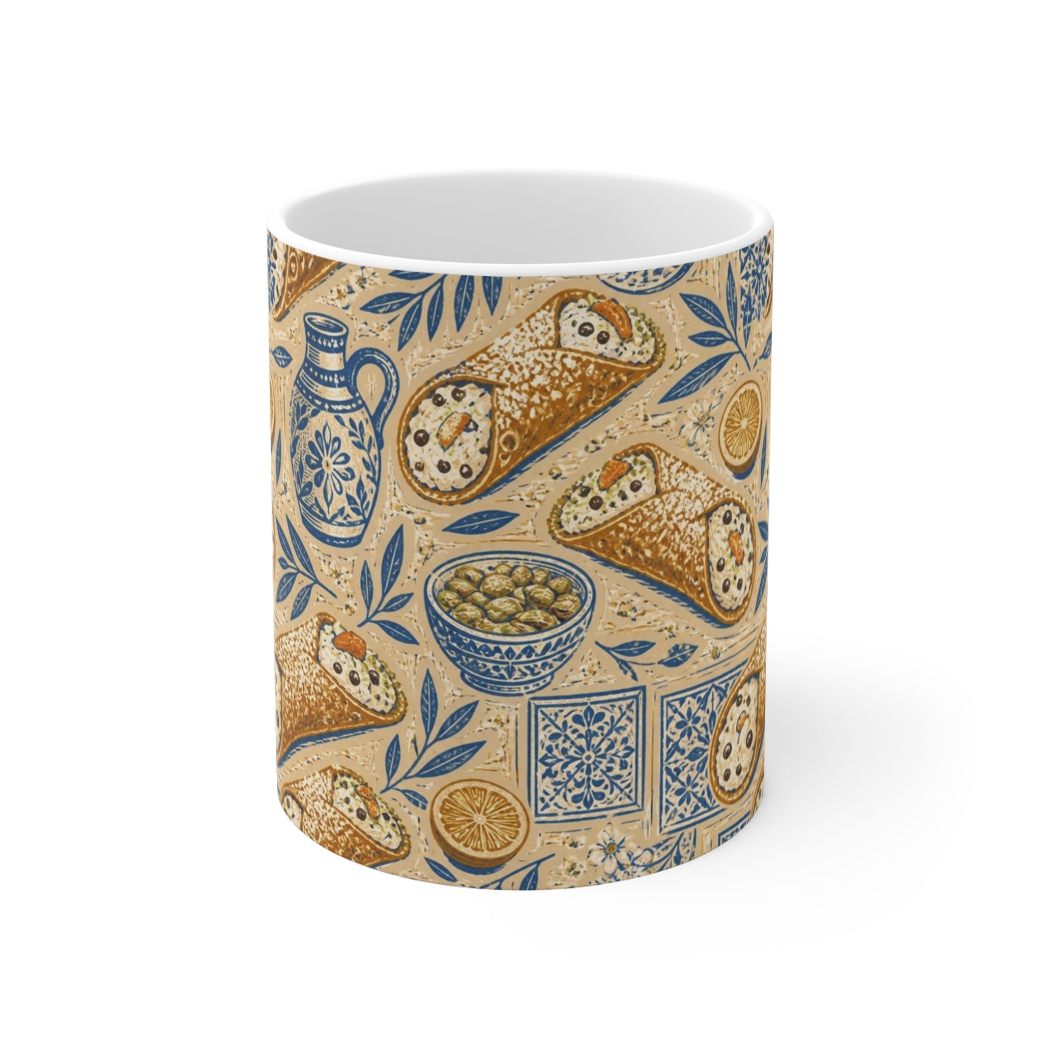 Sicilian Cannoli 11oz Ceramic Mug Mediterranean Kitchen Linocut Design Italian Cottagecore Gift