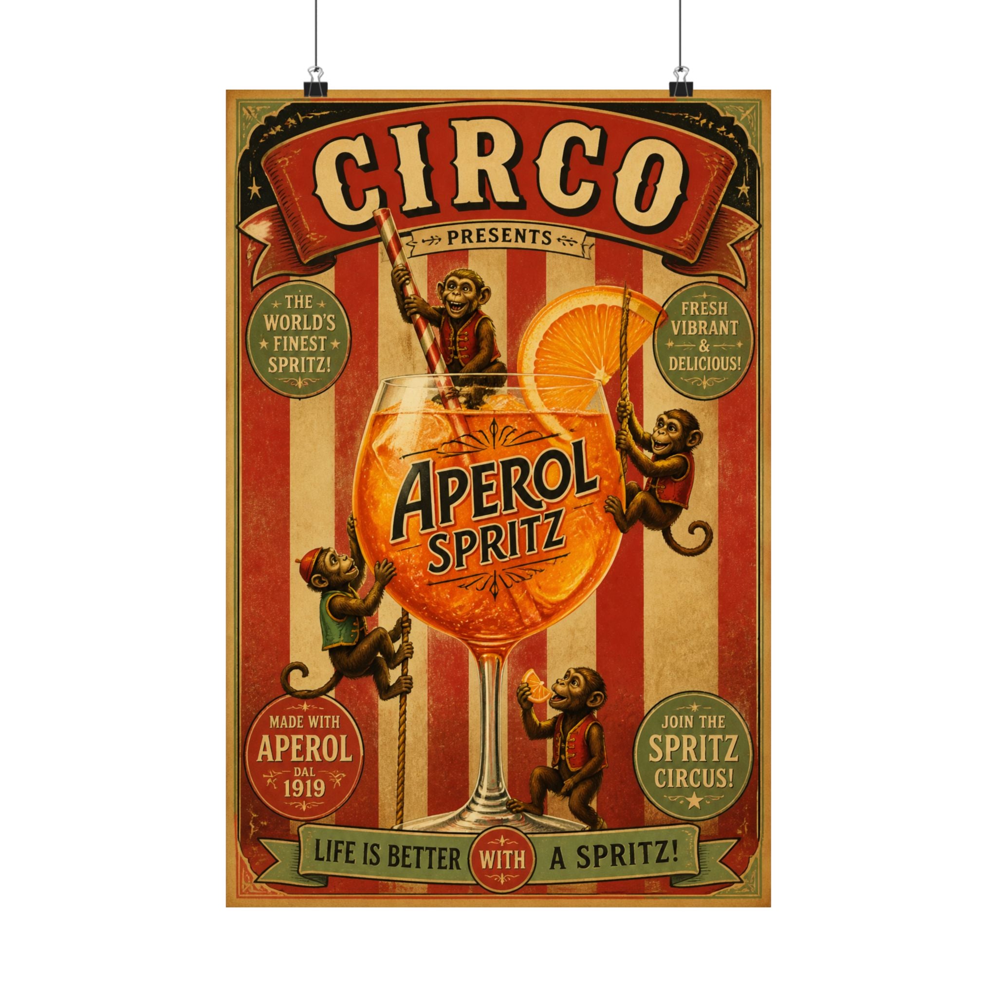 Aperol Spritz Monkeys Wall Art Poster 18×24 Vintage Circus Kitchen Decor Maximalist Print