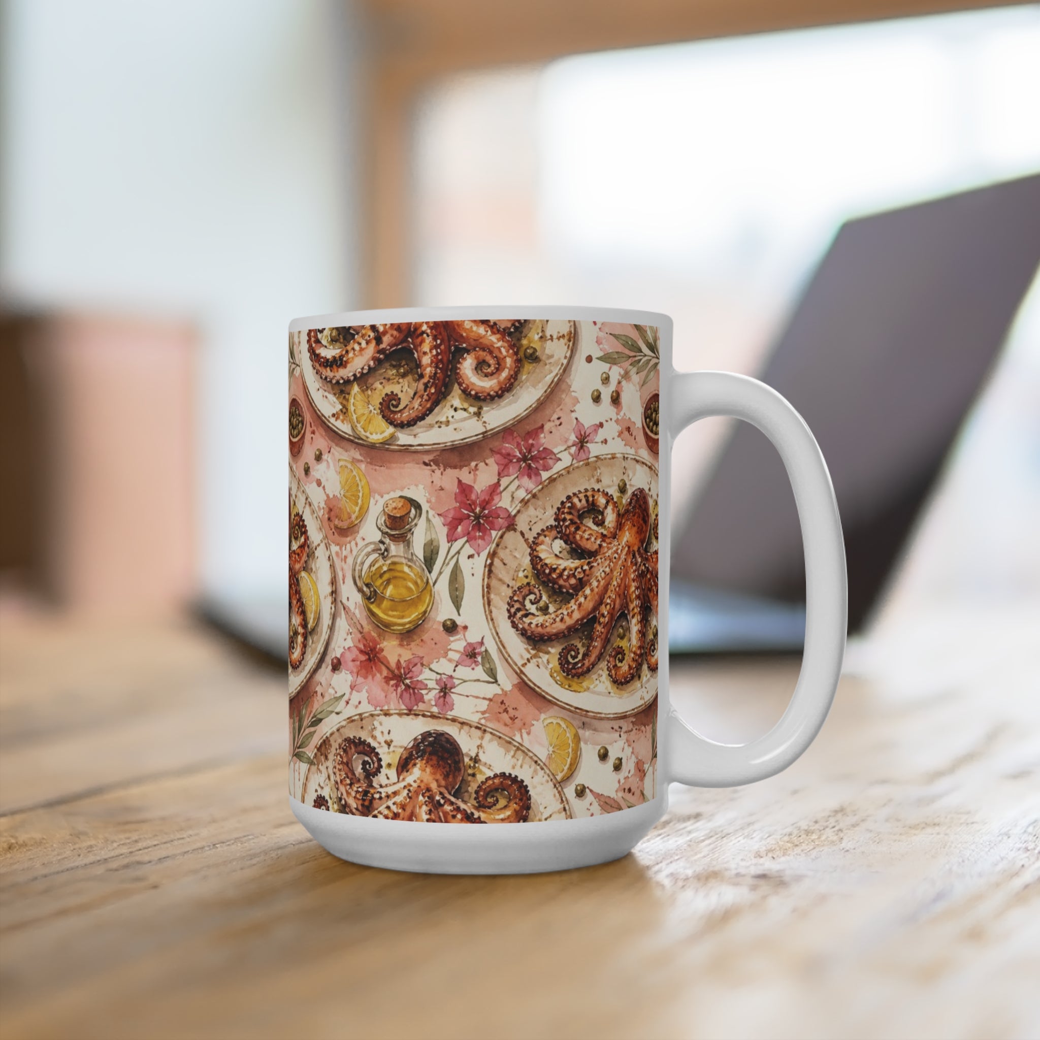 Grilled Octopus 15oz Ceramic Mug Mediterranean Kitchen Watercolor Splash Design Italian Cottagecore Gift