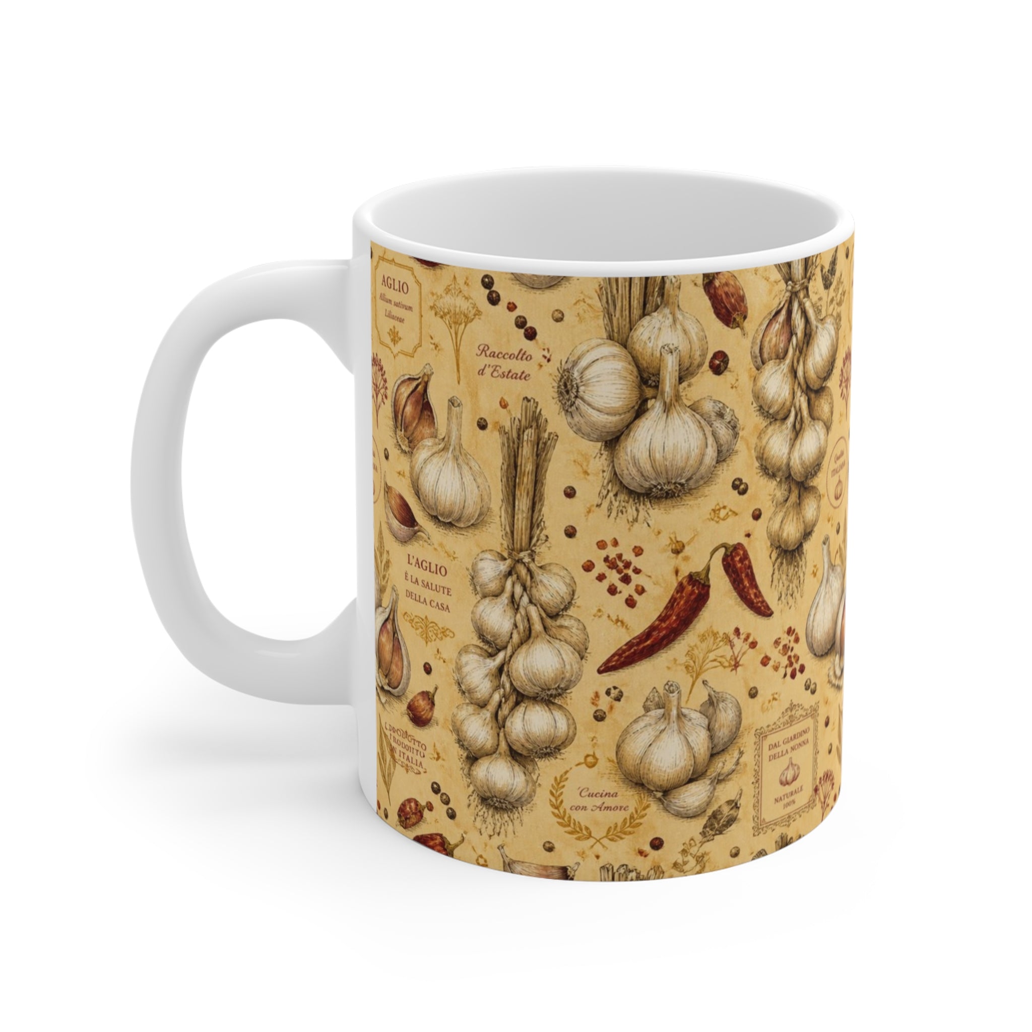 Garlic Bulbs & Cloves 11oz Ceramic Mug Mediterranean Kitchen Botanical Design Italian Cottagecore Gift