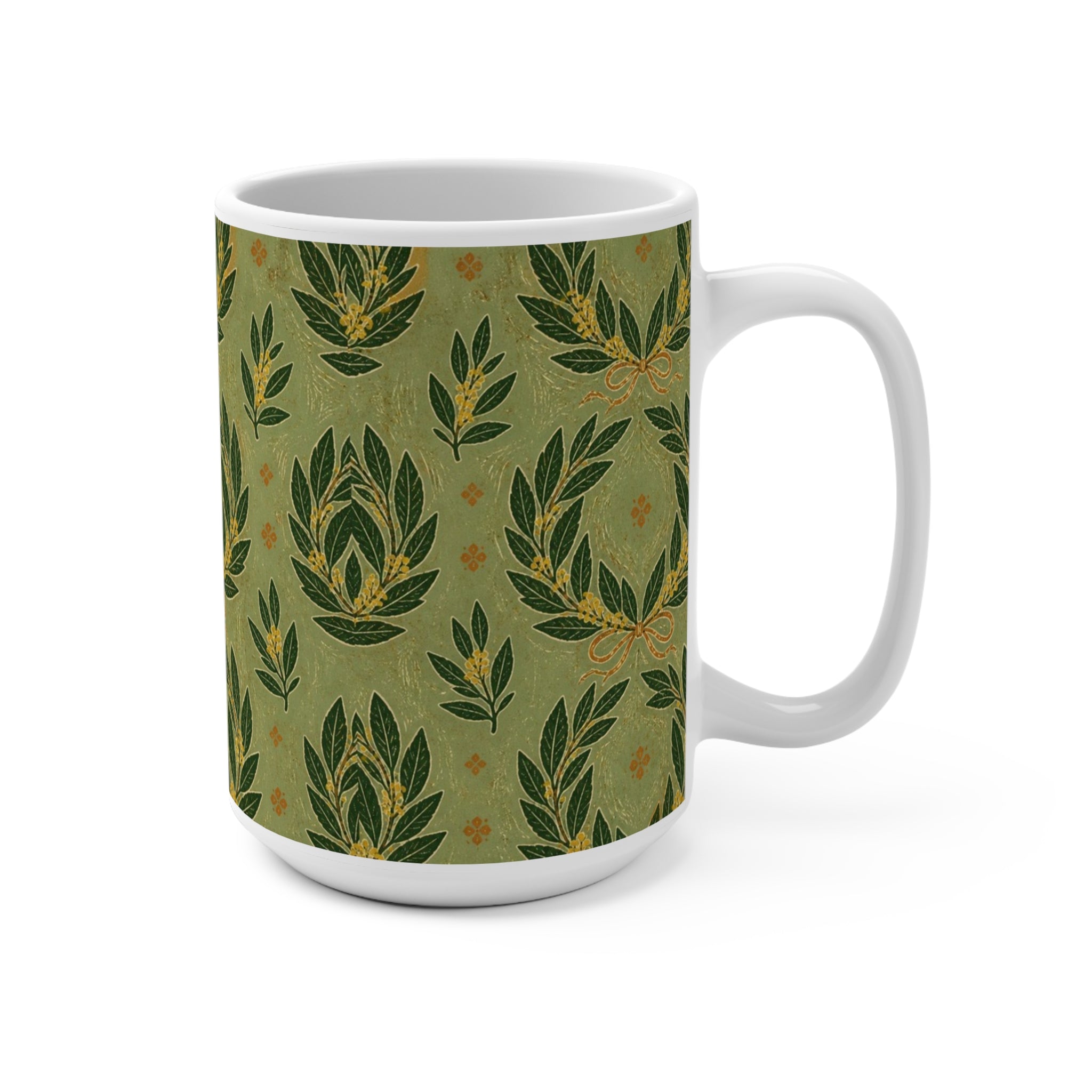 Bay Laurel Wreath 15oz Ceramic Mug Mediterranean Kitchen Linocut Design Italian Cottagecore Gift
